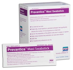 PDI Prevantics Maxi Swabstick, 3.25" x 8", 3.15% Chlorhexidine Gluconate/70% Isopropyl Alcohol, 30/Box, S41950