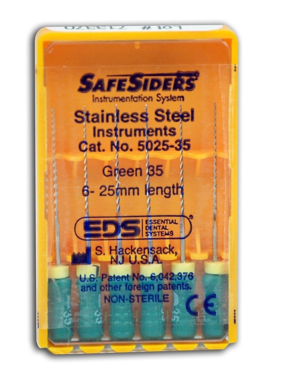 SafeSiders Endodontic Hand Reamers, Size #35, 25mm, 0.02 Taper, Stainless Steel, Green, 6/Pack, 5025-35