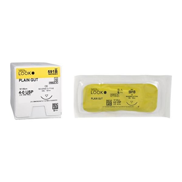 Look Plain Gut Suture, 4-0, 18" (45 cm), C-6 Reverse Cutting Needle, 3/8 Circle, 19 mm, Beige, 12/Box, 591B