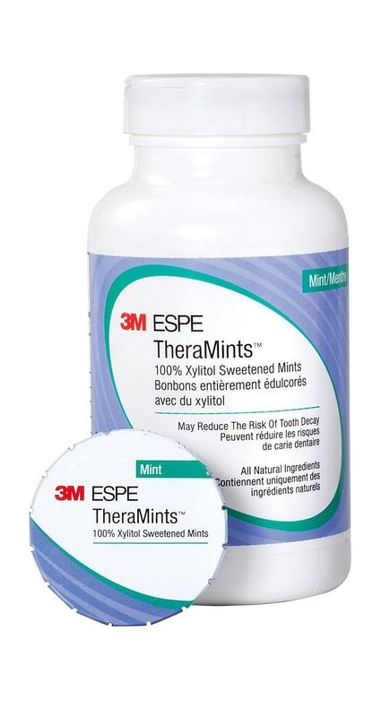 3M™ TheraMints™ 100% Xylitol Sweetened Mints, Mint Flavor, 520/Bottle with Travel Tin, 12119M