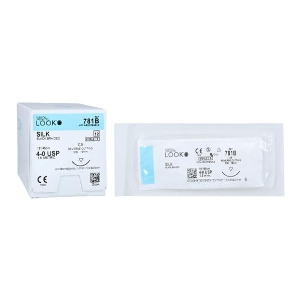 Look 781B Silk Black Braided Non-Absorbable Suture, 4-0, 18" (45 cm), C-6 Reverse Cutting 3/8 Circle Needle, 12/Box
