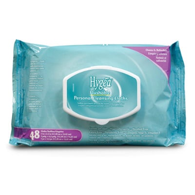 PDI Hygea Flushable Personal Cleansing Cloths, Aloe & Vitamin E, Light Fresh Scent, 5.3" x 6.8", 48/Pack, A500F48