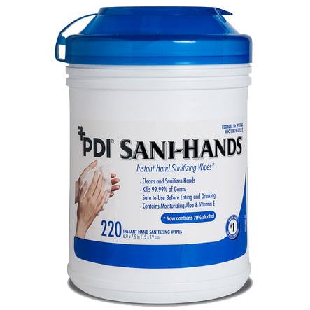 PDI Sani-Hands Instant Hand Sanitizing Wipes, 70% Ethyl Alcohol, Large 6" x 7.5", 220/Canister, P15984