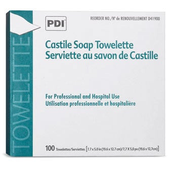 PDI Castile Soap Towelettes, 2% Coconut Oil, White/Green, 7.7" x 5", 100/Box, D41900