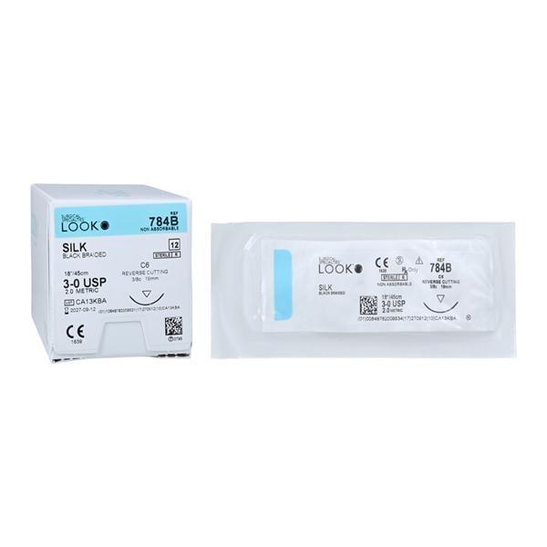 Look 784B Silk Black Braided Non-Absorbable Suture, 3-0, 18" (45 cm), C-6 Reverse Cutting 3/8 Circle Needle, 12/Box