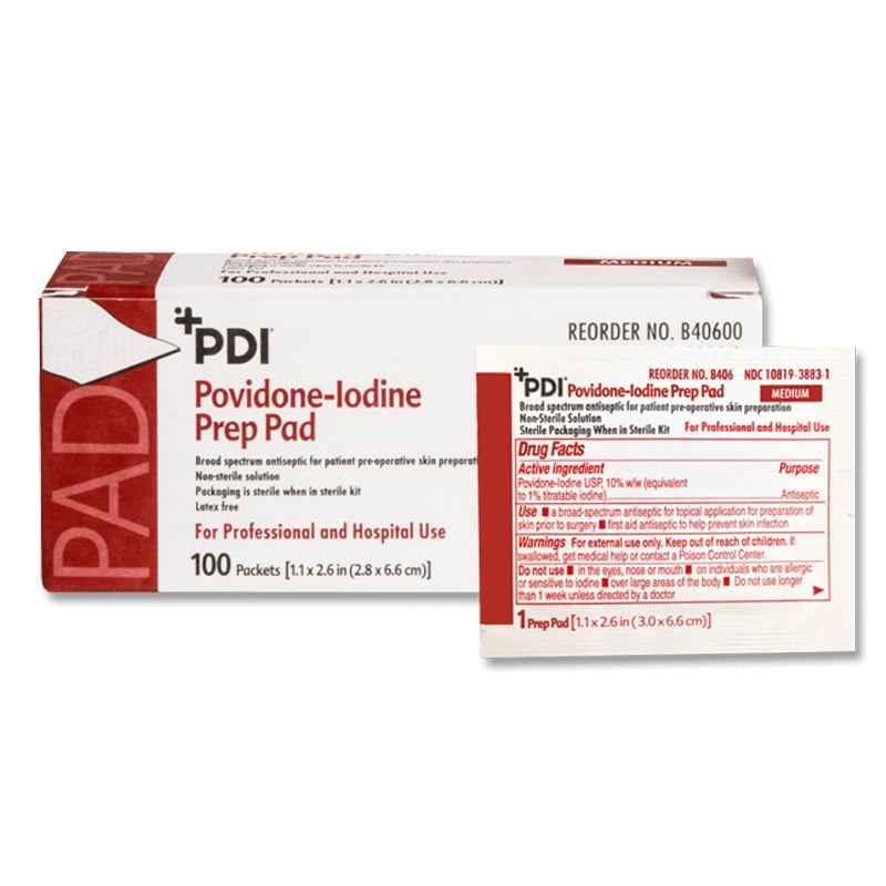 PDI PVP Iodine Prep Pad, 10% Povidone-Iodine, Medium 1.1875" x 2.625", 100/Box, B40600