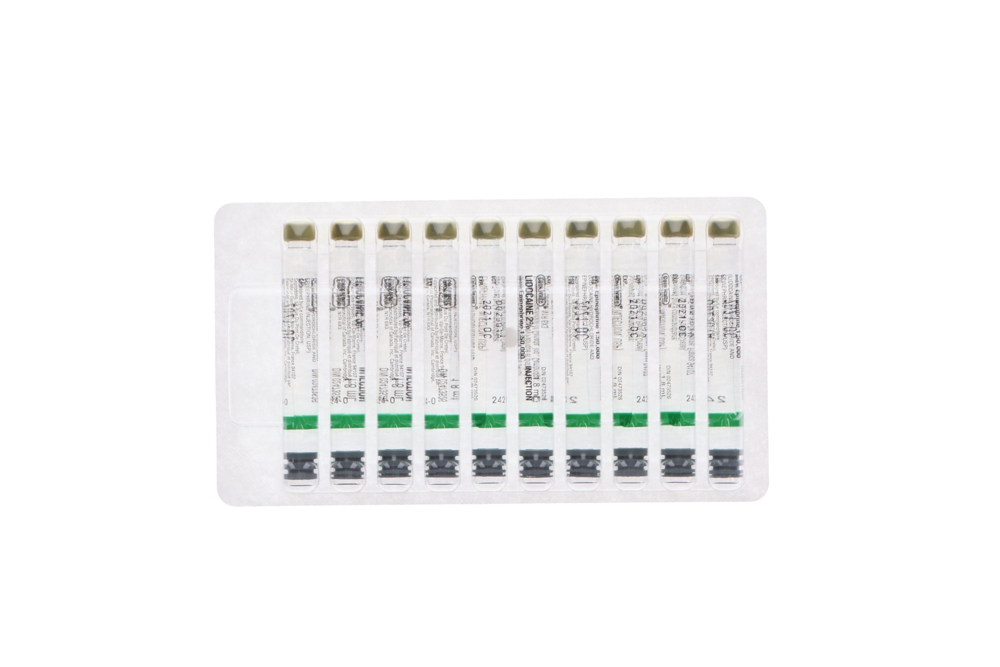 Cook-Waite Lidocaine HCl 2% with Epinephrine 1:50,000, 1.8 ml Dental Cartridges, Green, 50/Pk, 99170