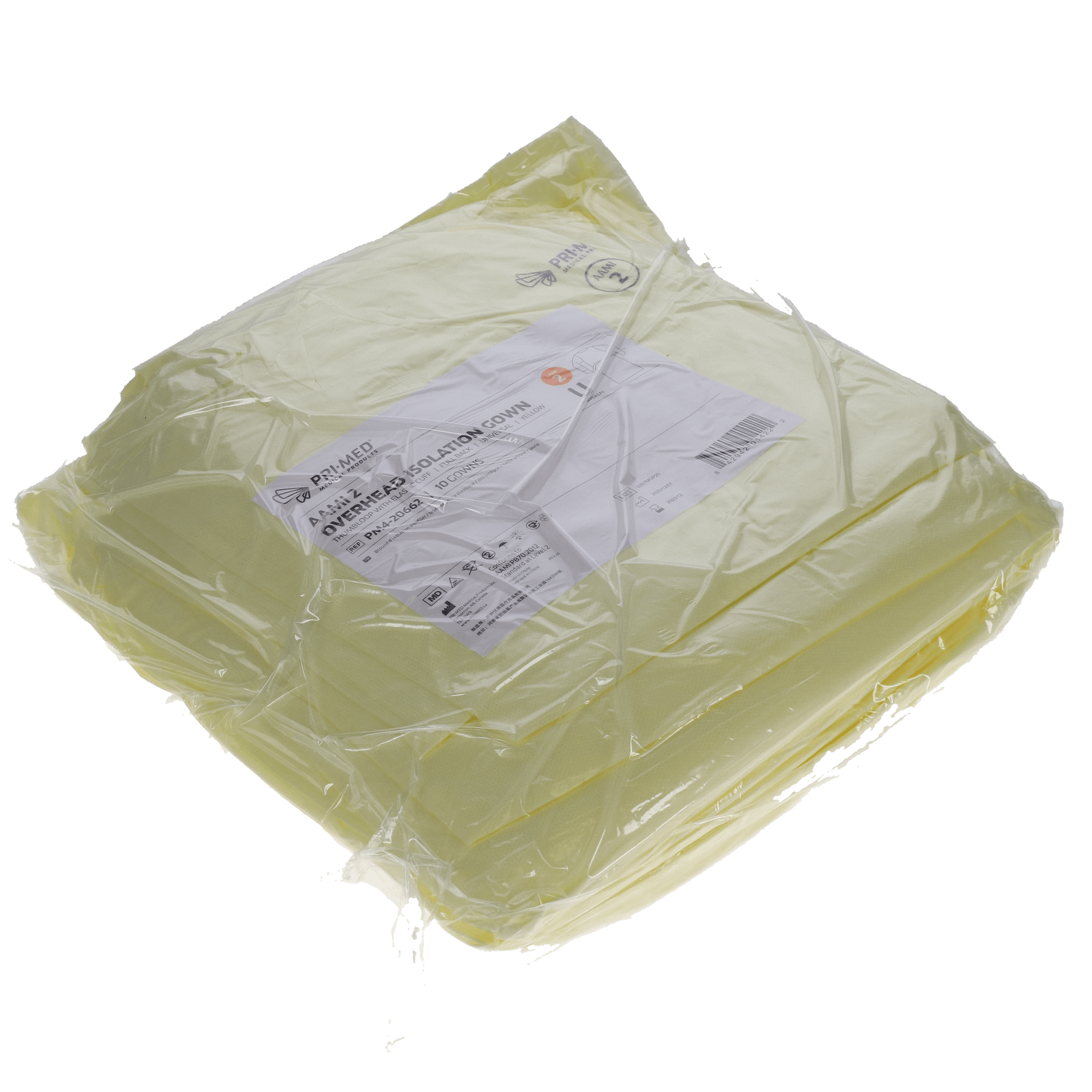 Overhead Isolation Gowns, AAMI Level 2, Thumbloop with Elastic Cuff, Universal, Yellow, 10/Pk, PM4-20662