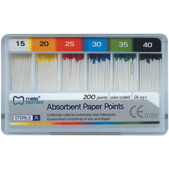 Meta Biomed Absorbent Paper Points, Sterile, Cell Strip Package, #50, 200/Pk, PPC50, 211450-50