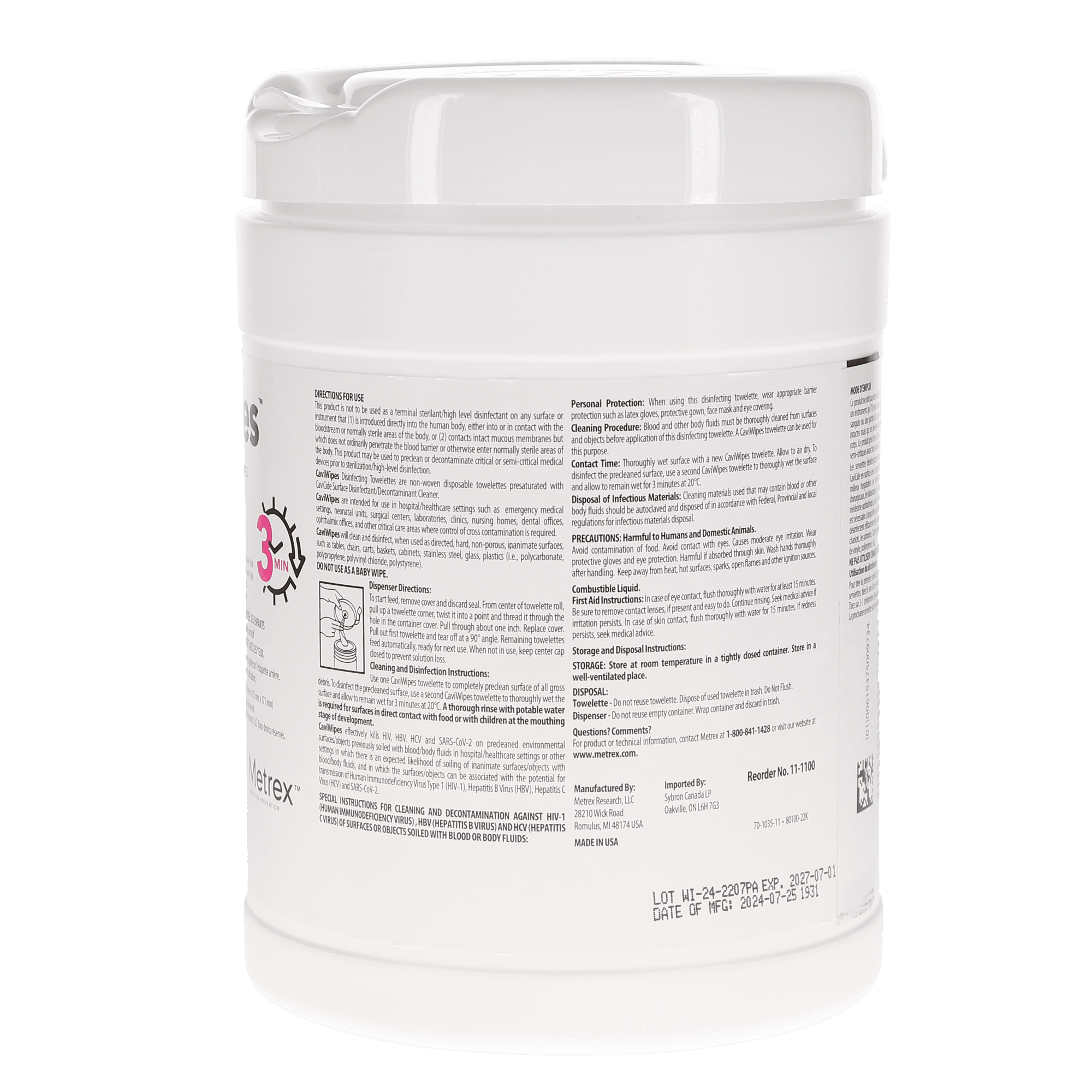 Metrex CaviWipes Disposable Surface Disinfectant Wipes, Large, 6" x 6.75", 160 Wipes/Pack