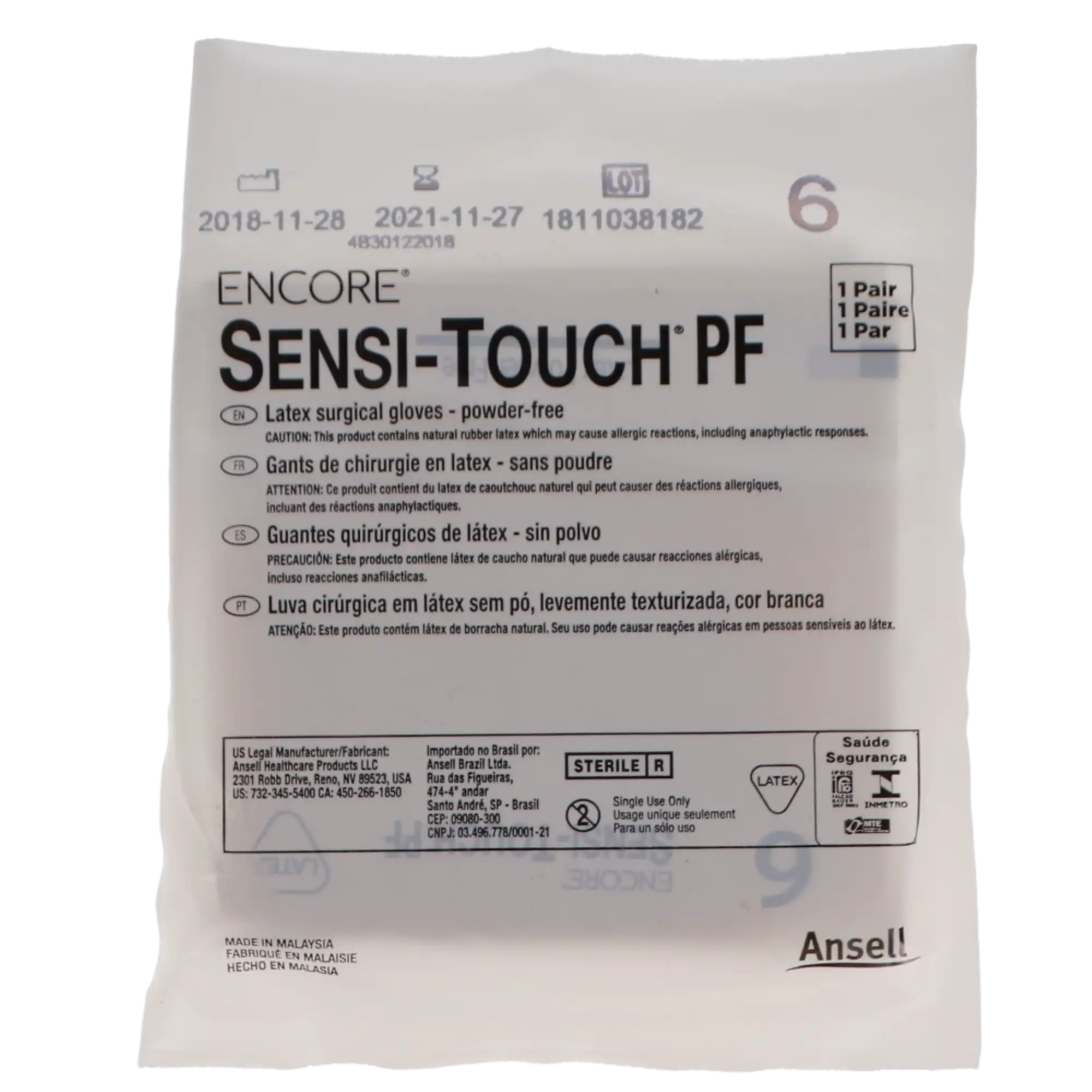 Encore Sensi-Touch Latex Surgical Gloves, Powder-Free, Sterile, Size 6, White, 50 Pairs/Box, 7822PF