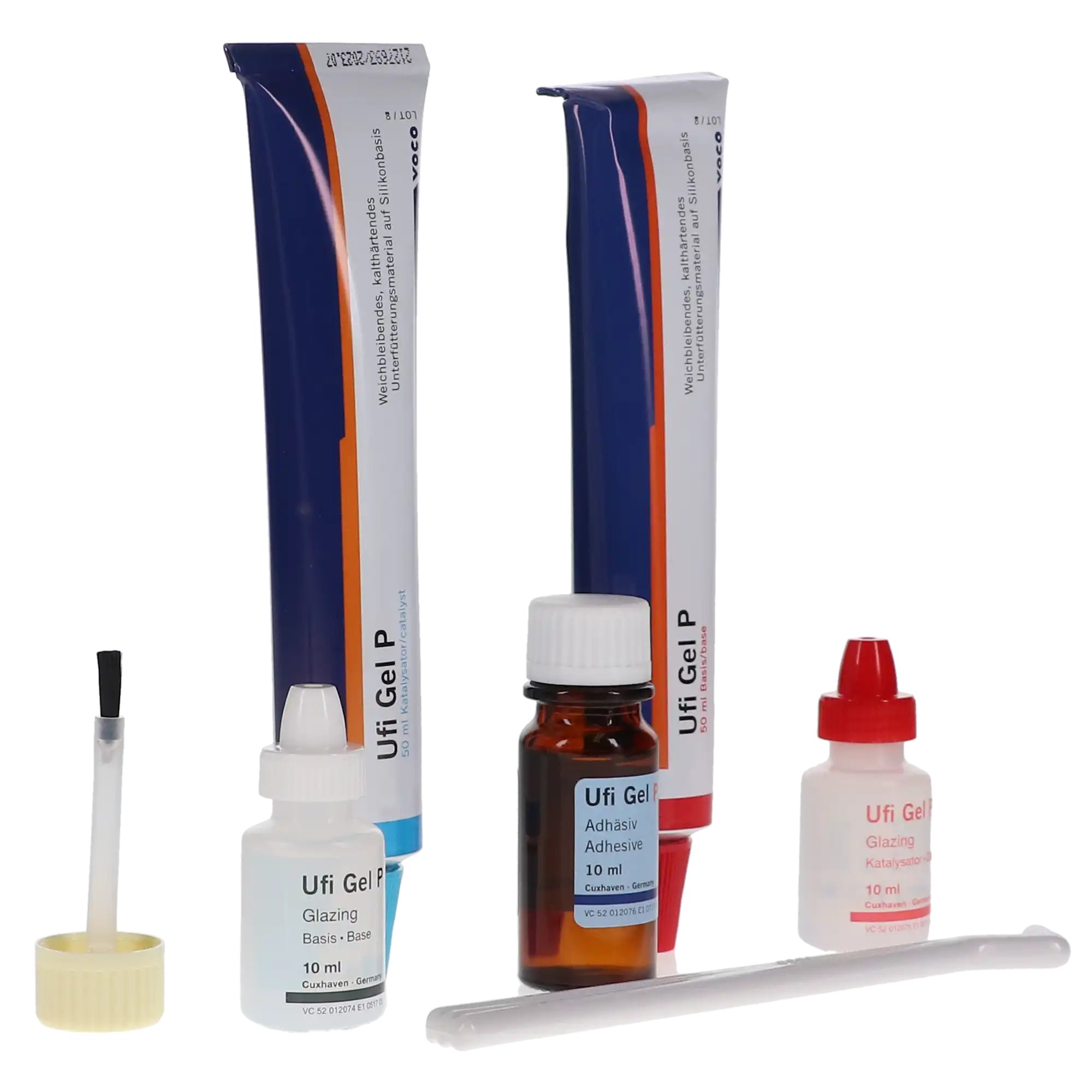 Ufi Gel P Permanent Soft A-Silicone Relining Material - Tubes Set (50 ml Base, 50 ml Catalyst, 10 ml Glazing Base, 10 ml Glazing Catalyst, 10 ml Adhesive, Accessories), Ref 2070