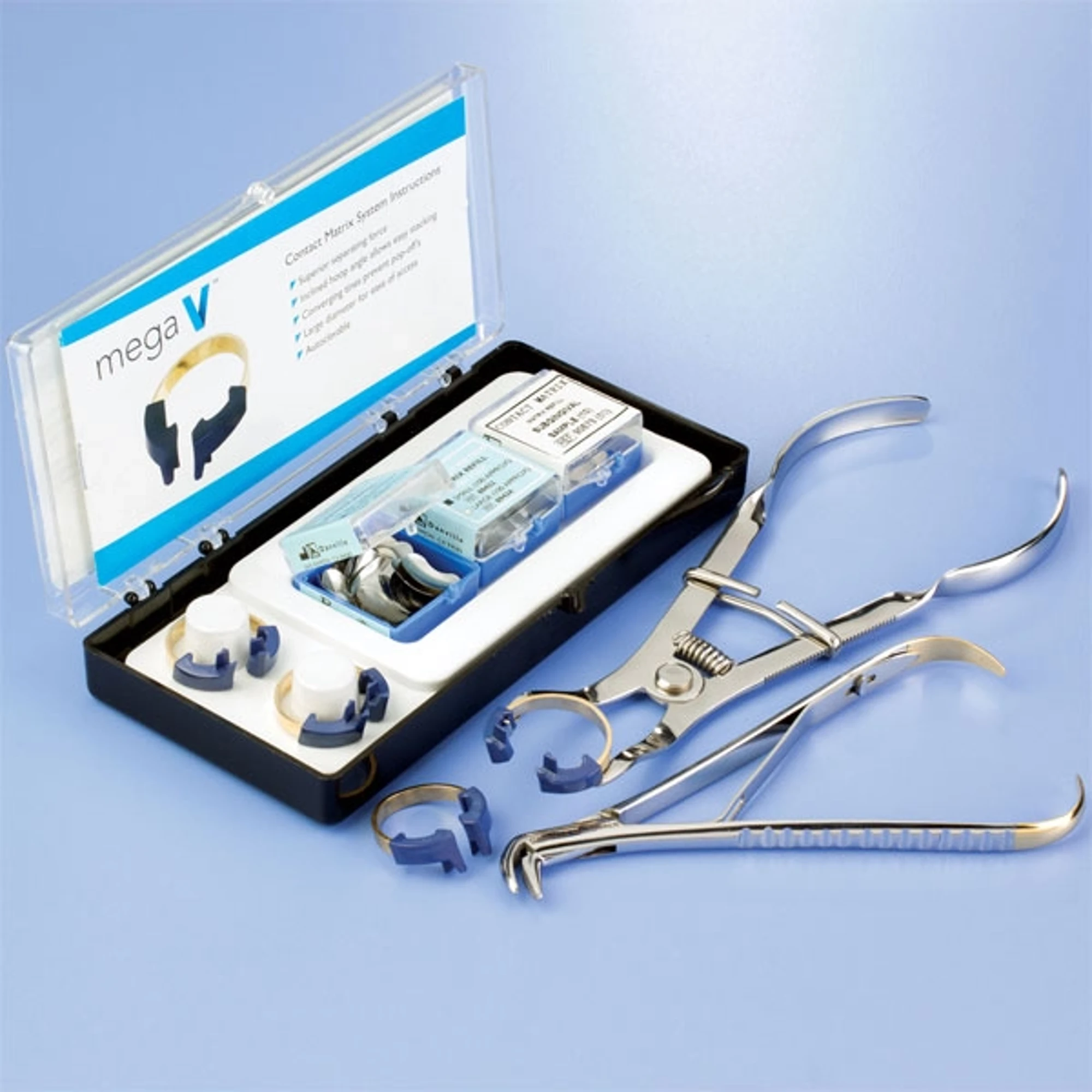 Danville Materials Mega V Contact Matrix Sectional System Clinical Kit Plus, 4 Mega Rings, 100 Small & 100 Large Thin Flex Matrices, Contact Wedge/Ring Plier, Megagrip Matrix Forceps, 1/Pk, 94271