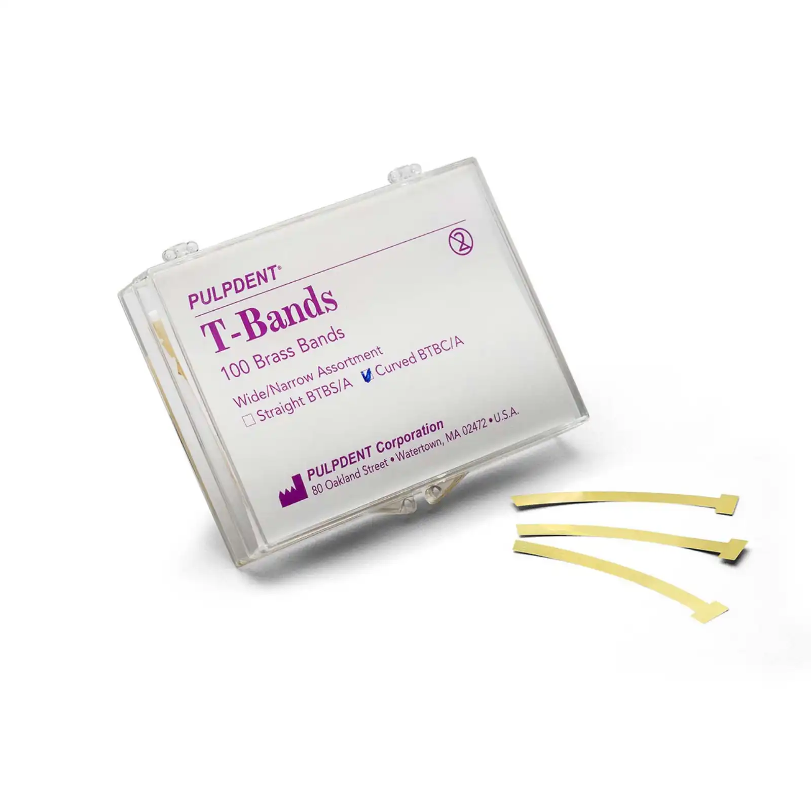 Pulpdent T-Bands, Curved, Wide, Brass, 0.002" (0.05 mm), 100/Box, BTBC/W