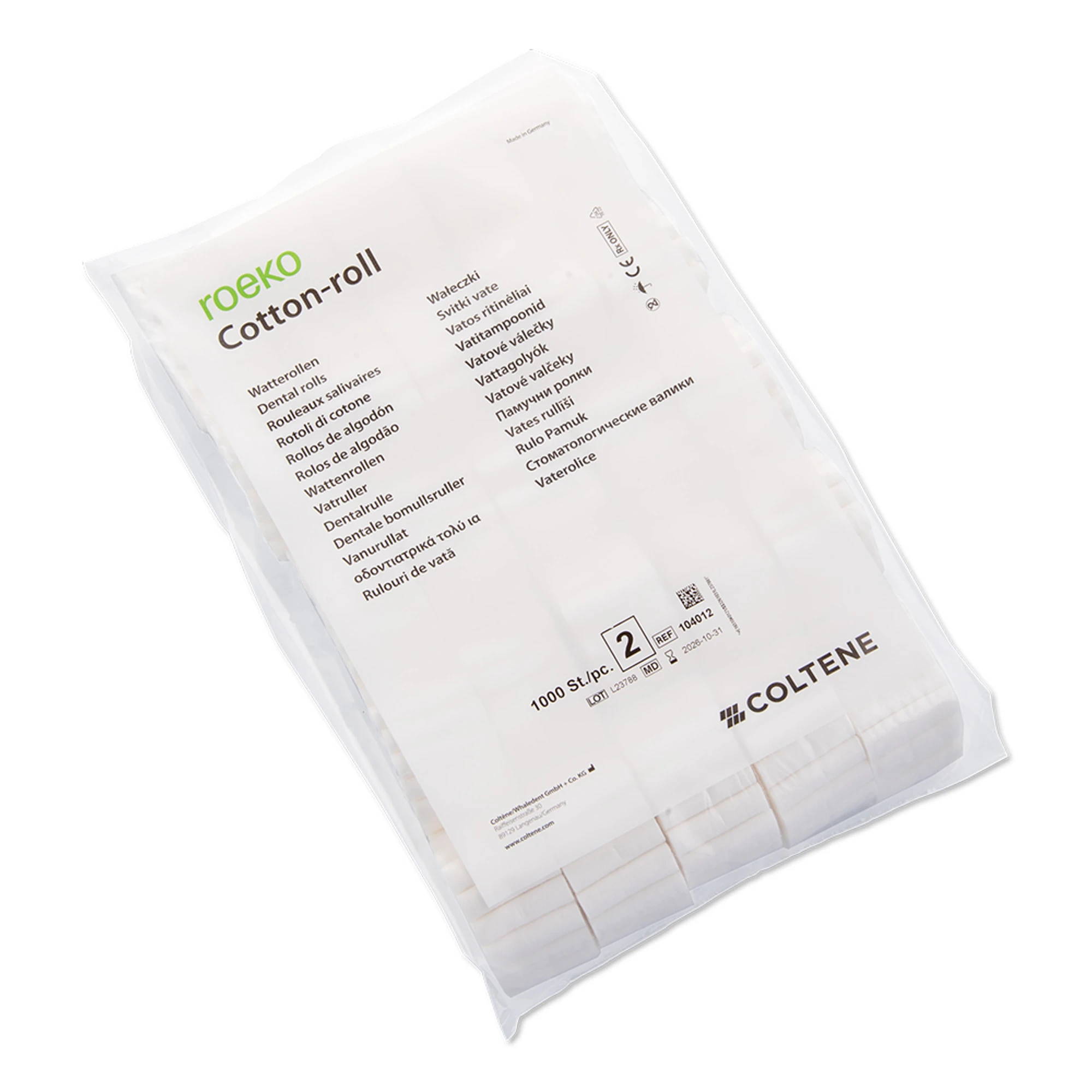 Coltene Roeko Size #2 Cotton Rolls, 1-1/2" x 3/8", Highly Absorbent, Soft & Smooth, Bag, 104012