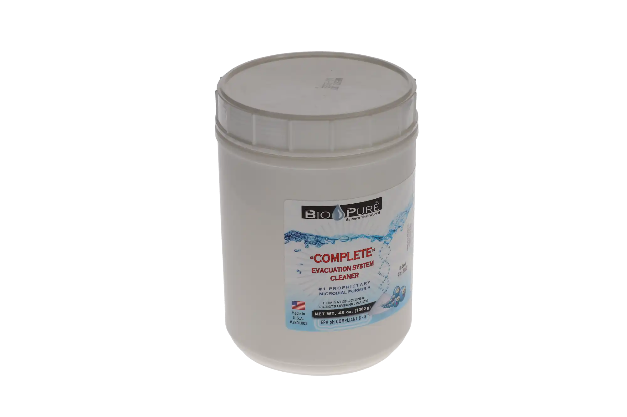 Bio-Pure eVac System Maintenance Cleaner, Powder, 48 oz Jar, 1/Pk, 2801003