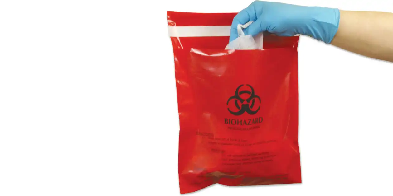 Bio Hazard Waste Bag, Stick-On, 9 x 10 in, Red, 200/Bx, PLS-PS850