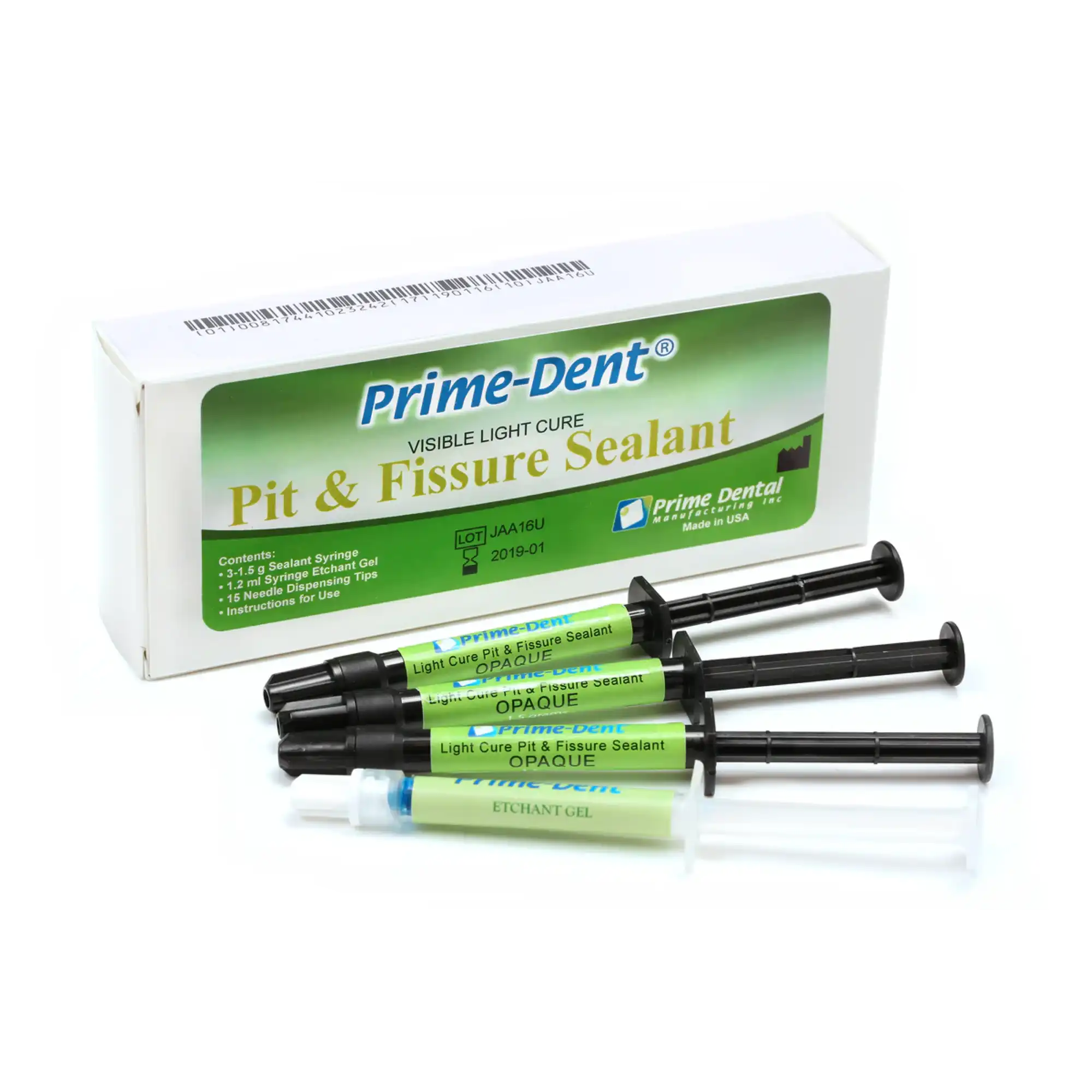 Prime Dental VLC Pit & Fissure Sealant Opaque Syringe Kit, Bis-GMA, Light-Cure, Fluoride, 3 x 1.5g Syringes, 1 x 1.2mL Etchant Gel, 15 Dispensing Tips, 007-023