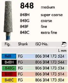 Meisinger Multi-Use Diamond Burs, FG, Taper Flat End, #848, 2.1 mm, Coarse, Green, 5/Pk, 848G-021-FG