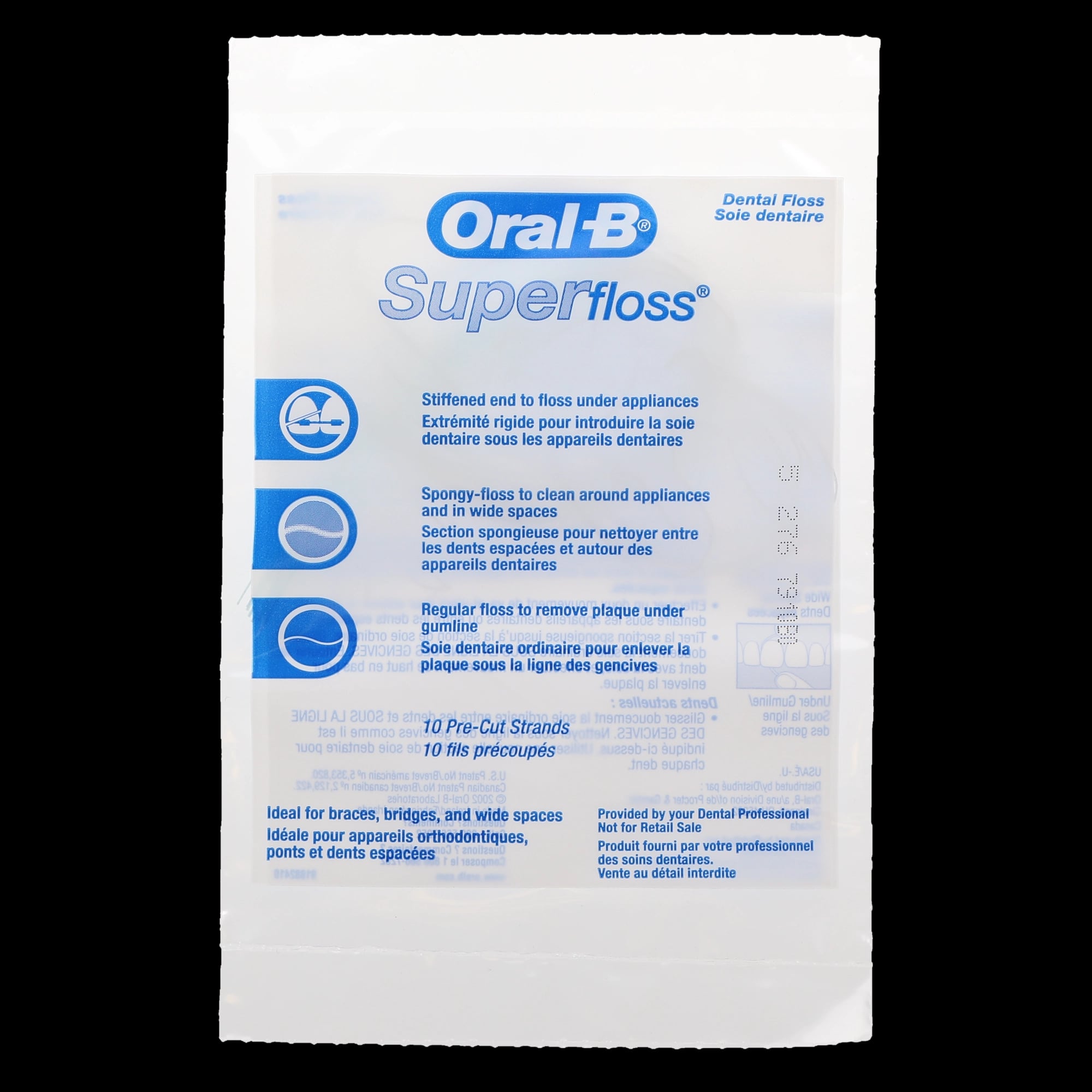Oral-B Super Floss Sample Pack, Unflavored, Regular, Pre-Measured Strands, 10 Strands/Box, 100 Boxes/Case, 13265221