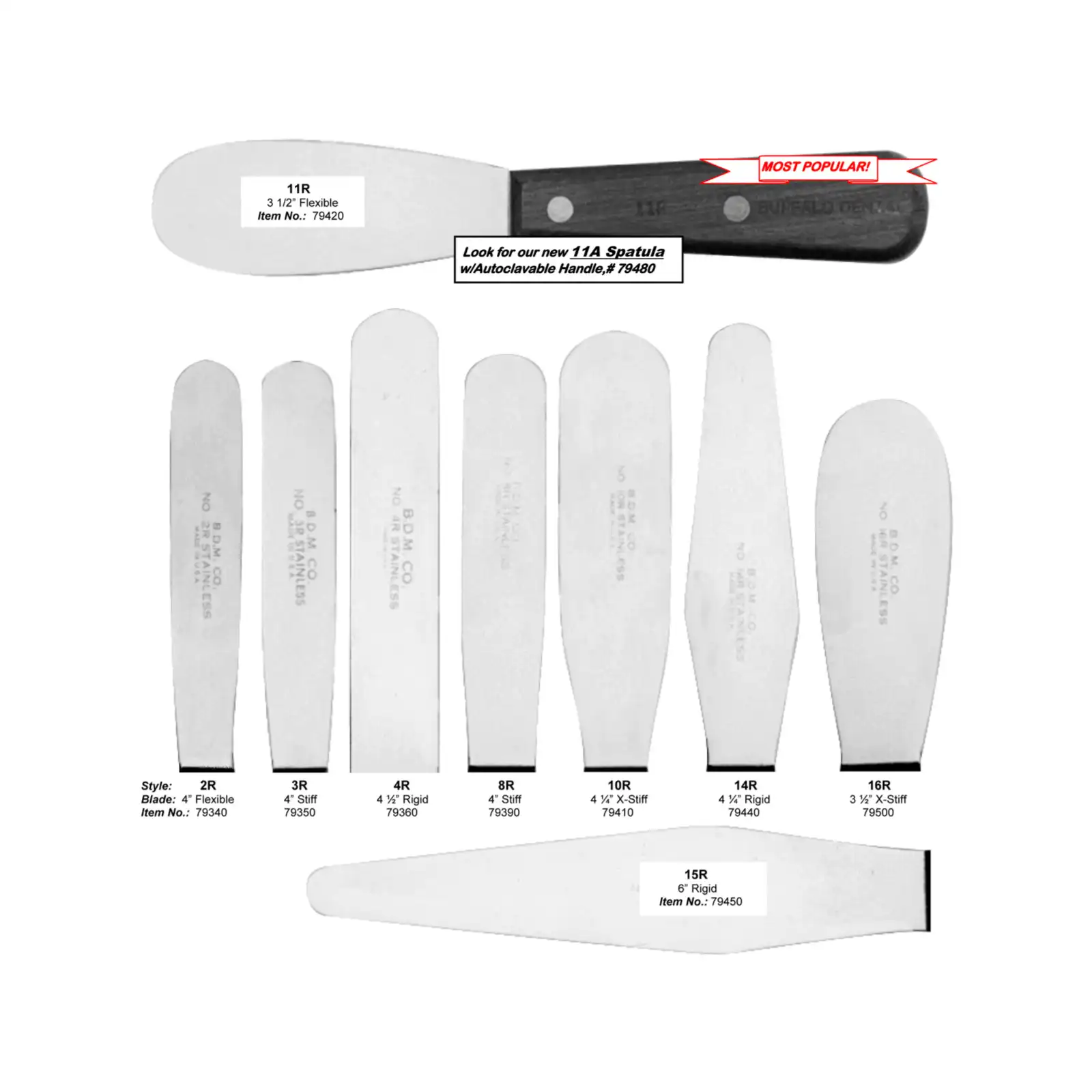 Buffalo Dental Plaster Spatula 11A, 3.5" Flexible Blade, Autoclavable, Resin Handle, Single End