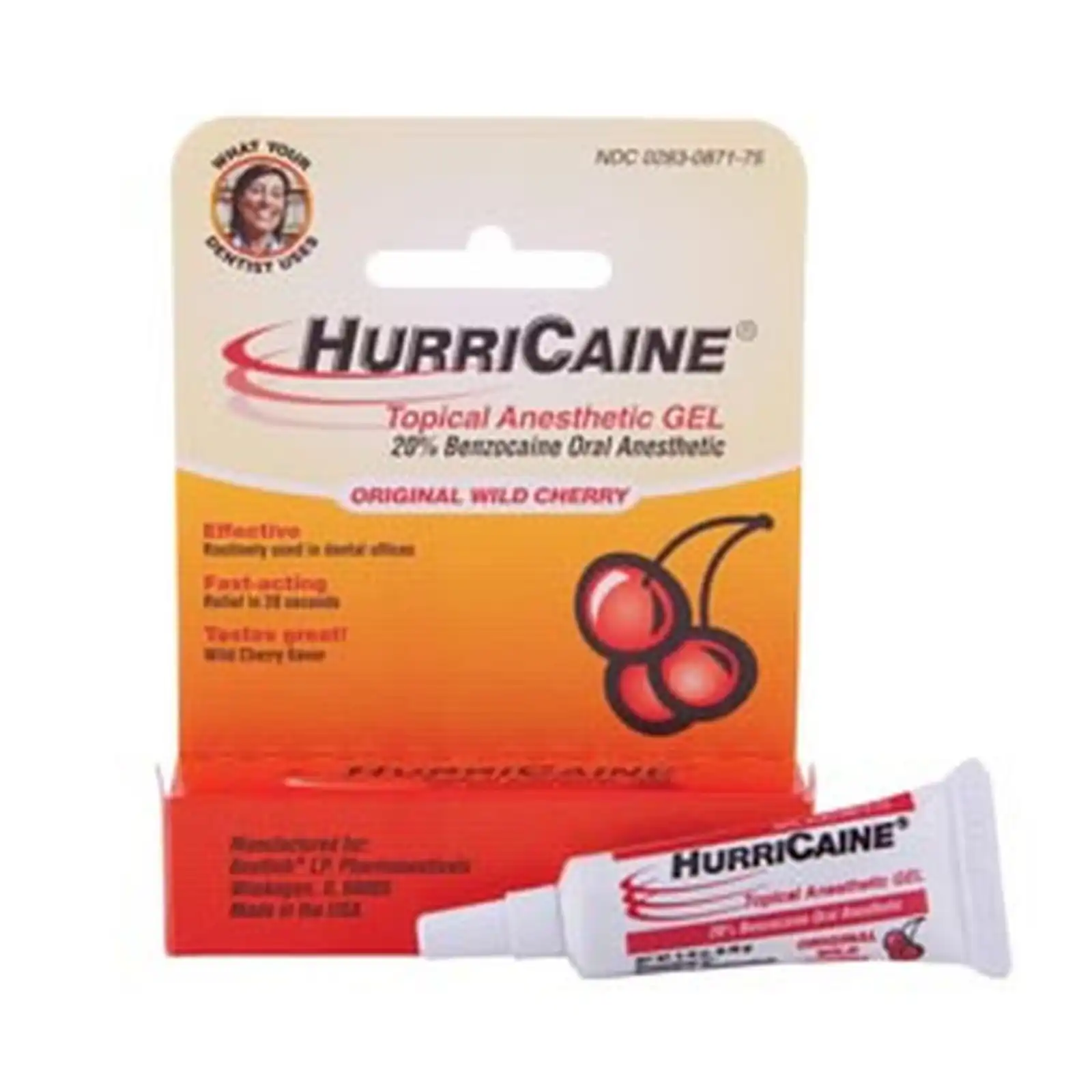 HurriCaine Topical Anesthetic Gel, 20% Benzocaine, Original Wild Cherry, 5.25 g Tube, 1/Pk