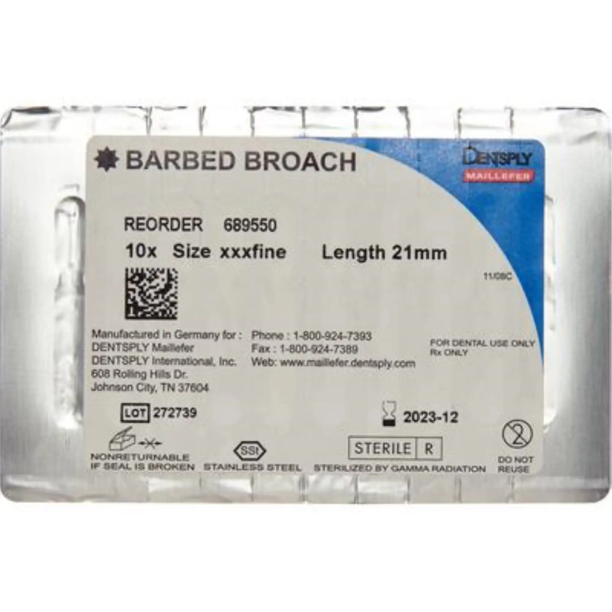 Dentsply Maillefer Barbed Broaches, XXX-Fine, White, 21 mm, 10/Pk, 689550