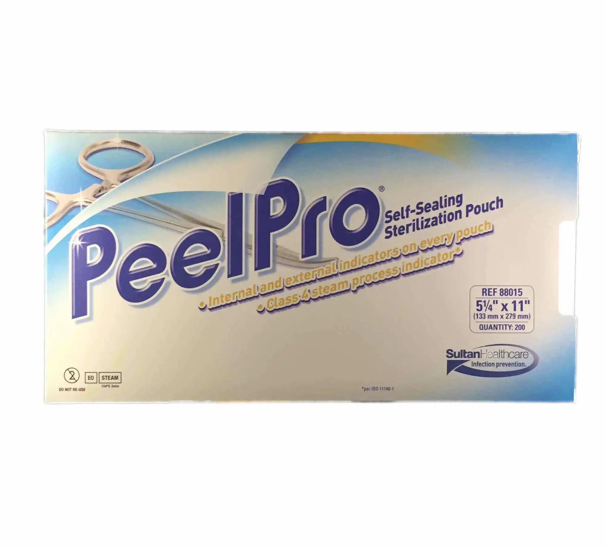 Sultan PeelPro Sterilization Pouches, 5.25" x 11", 200/Box, Dual Indicators, Double Wide Seal, Aqua Tint Film, 88015