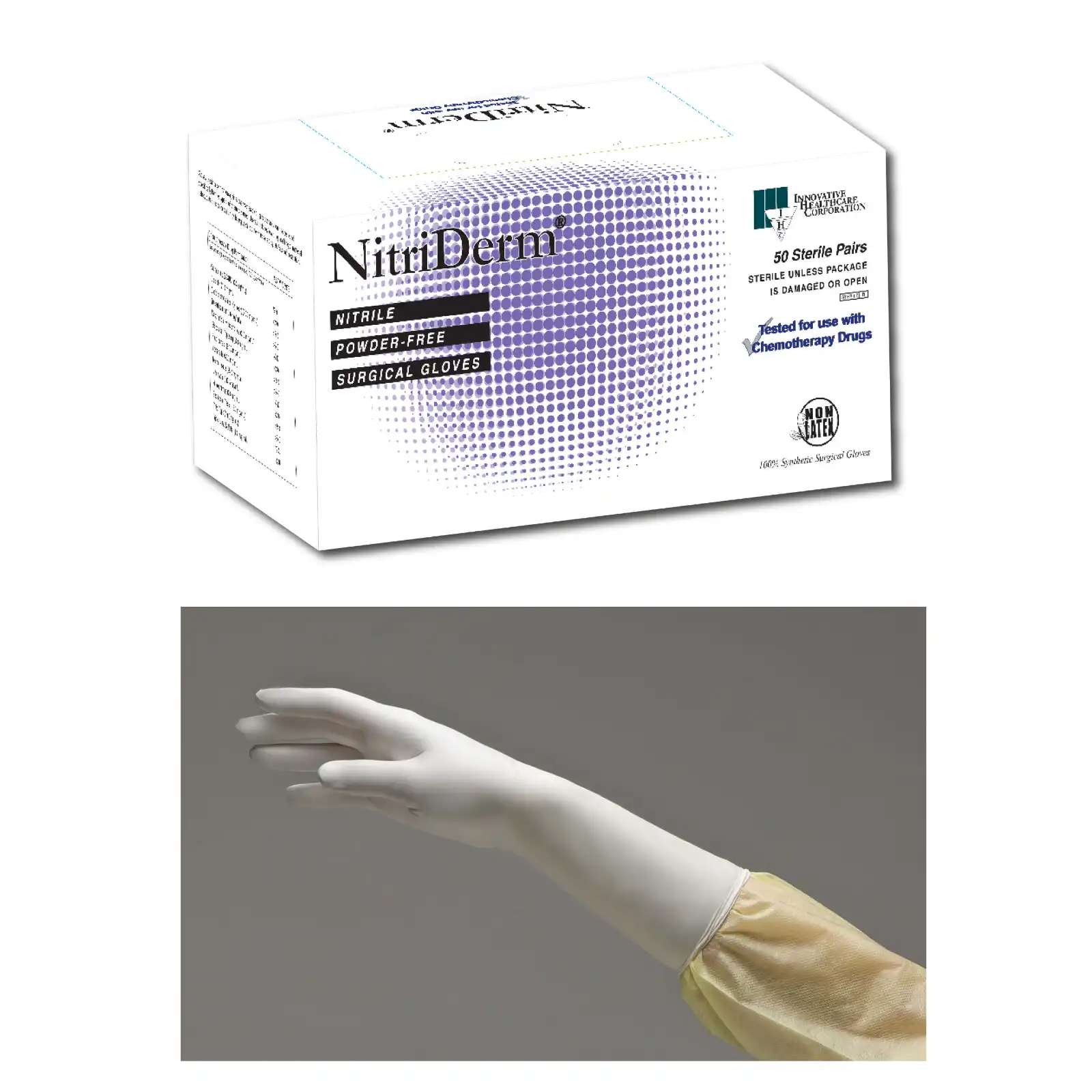 NitriDerm Nitrile Sterile Surgical Gloves, Powder Free, Latex Free, Textured, Size 8.5, White, 50 Pairs/Box, 135285