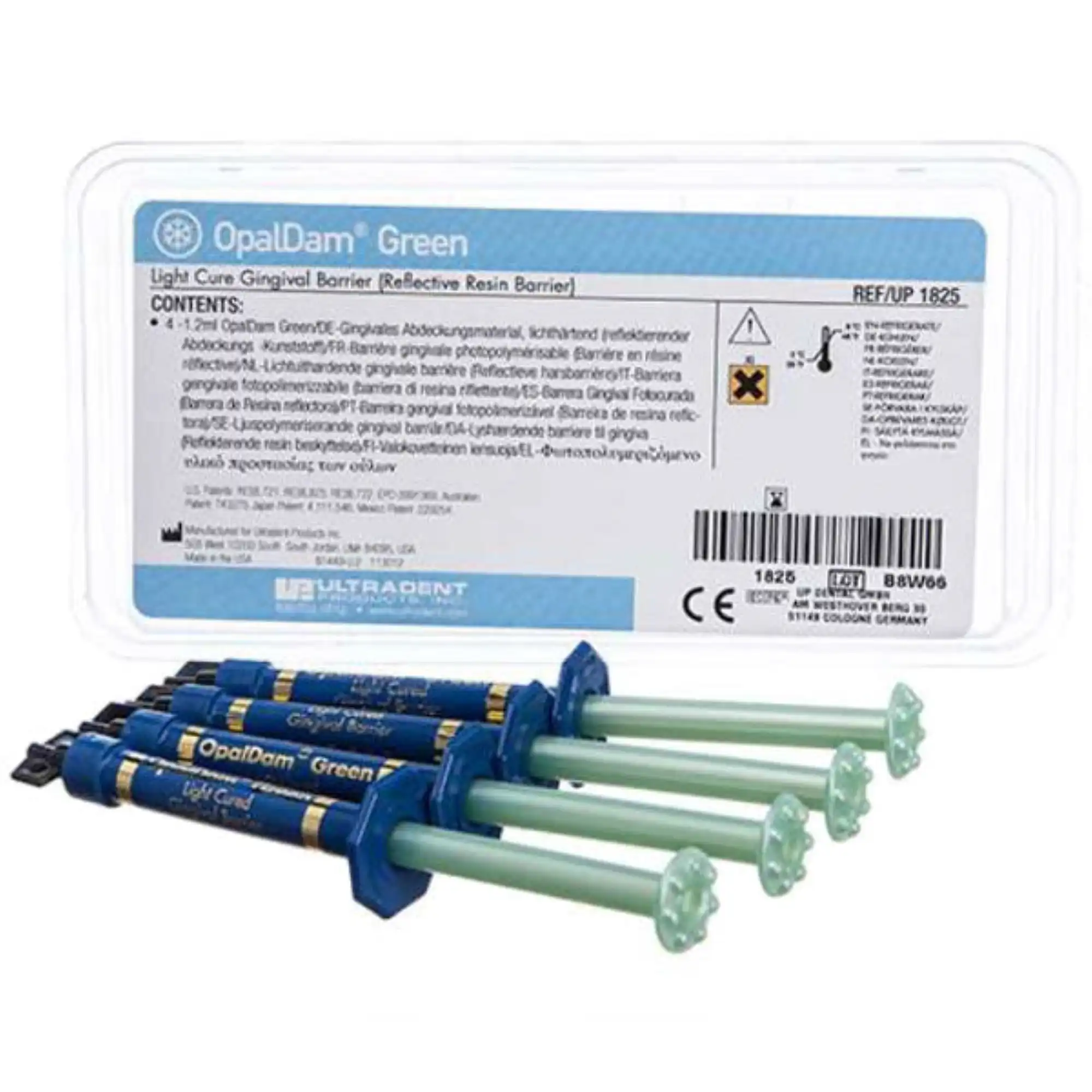 Ultradent OpalDam Green Light-Cured Resin Barrier Refill, 4 x 1.2 mL Syringes, 1825
