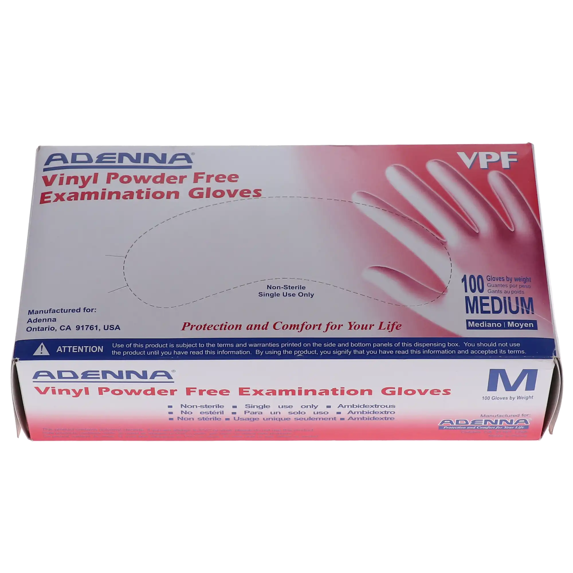 Adenna VPF Vinyl Exam Gloves, Powder-Free, Non-Sterile, Medium, 100/Box, VPF235