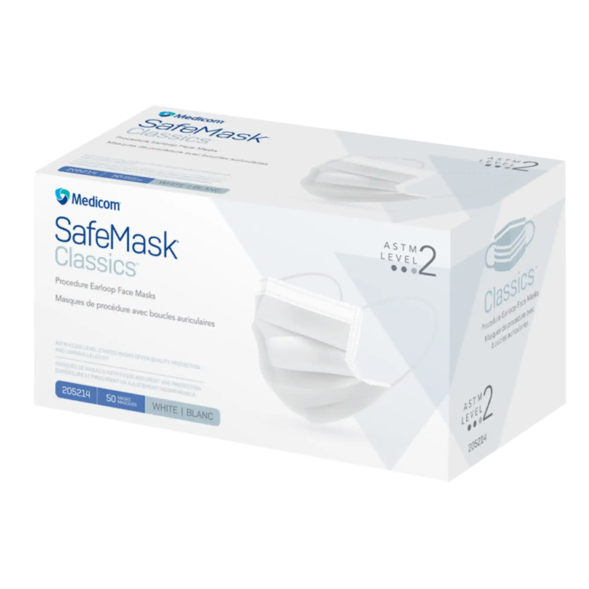 SafeMask Classics Procedure Face Mask, ASTM Level 2, Ear Loop, Pleated, White, 50/Box, 205214