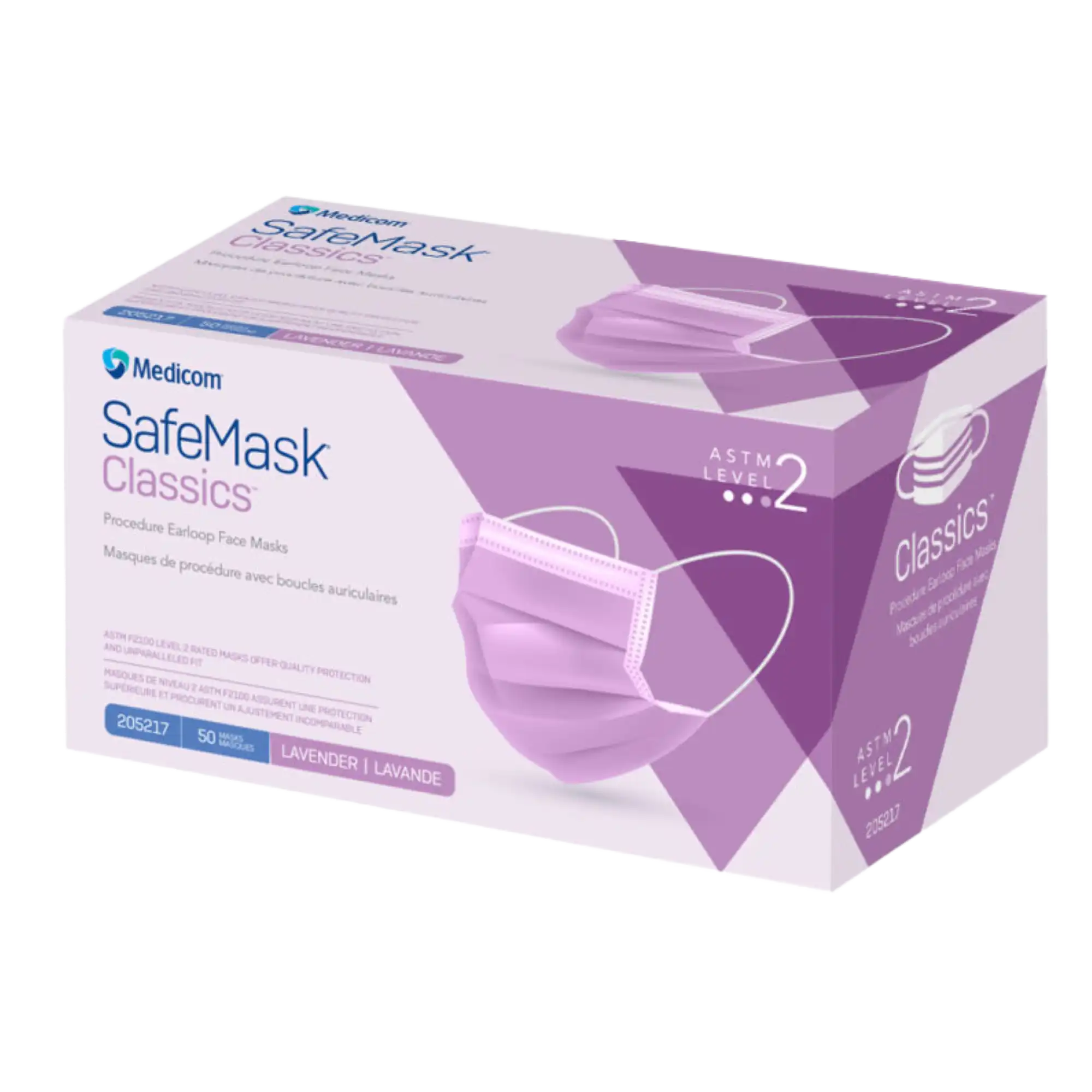 SafeMask Classics Procedure Face Mask, ASTM Level 2, Earloop, Lavender, 50/Box, 205217