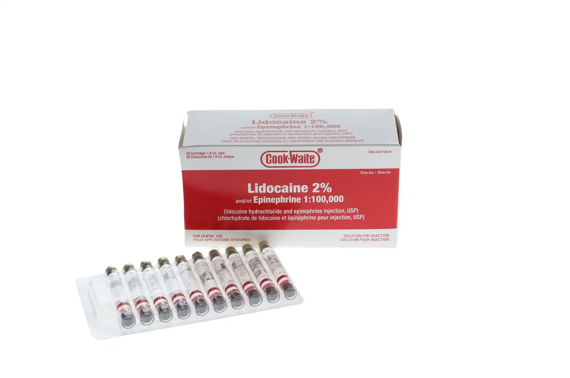 Cook-Waite Lidocaine HCl 2% with Epinephrine 1:100,000 Local Anesthetic, 1.7 mL Cartridges, 50/Box
