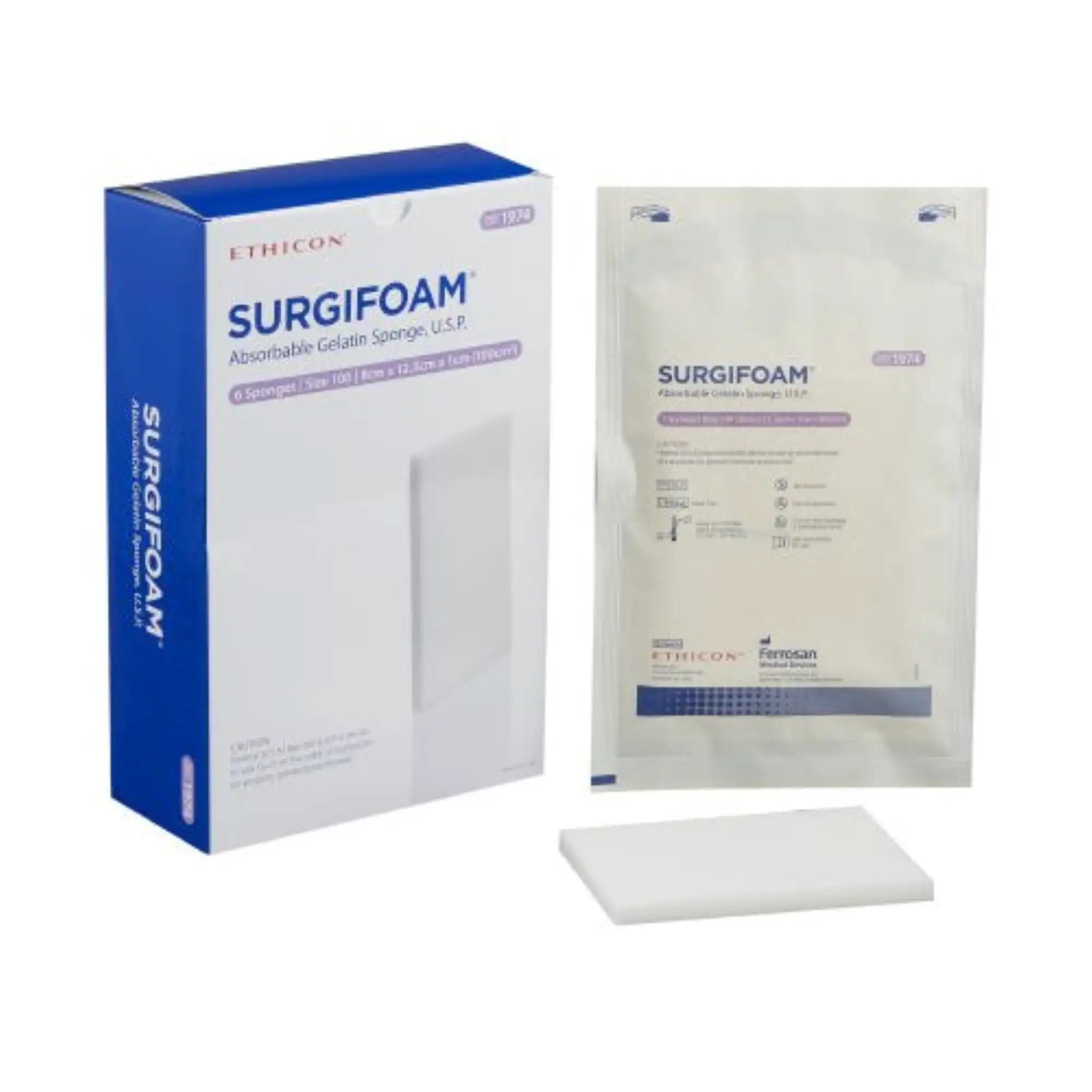 Ethicon Surgifoam Absorbable Gelatin Sponge, Size 50, 8cm x 12.5cm x 10mm, Sterile, 6/Box, 1974