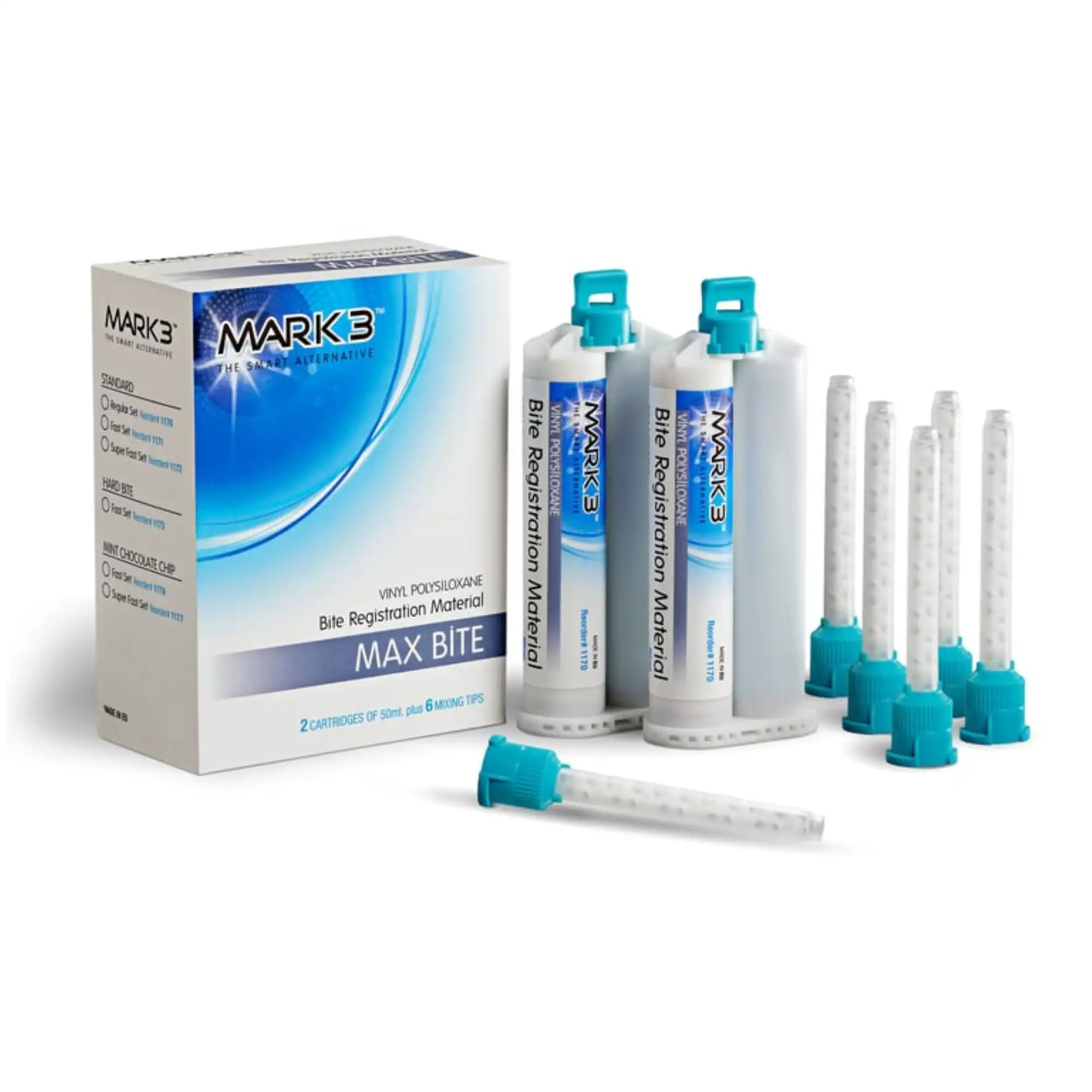 Mark3 Max Bite Unflavored Bite Registration Material Super Fast Set, 2 x 50 mL Cartridges with 6 Mixing Tips, 1172