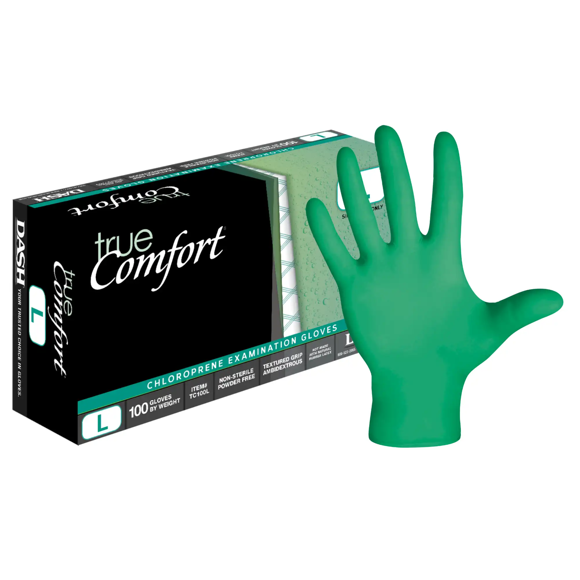 True Comfort Chloroprene Exam Gloves, Powder-Free, Non-Sterile, Large, Green, 100/Box, TC100L