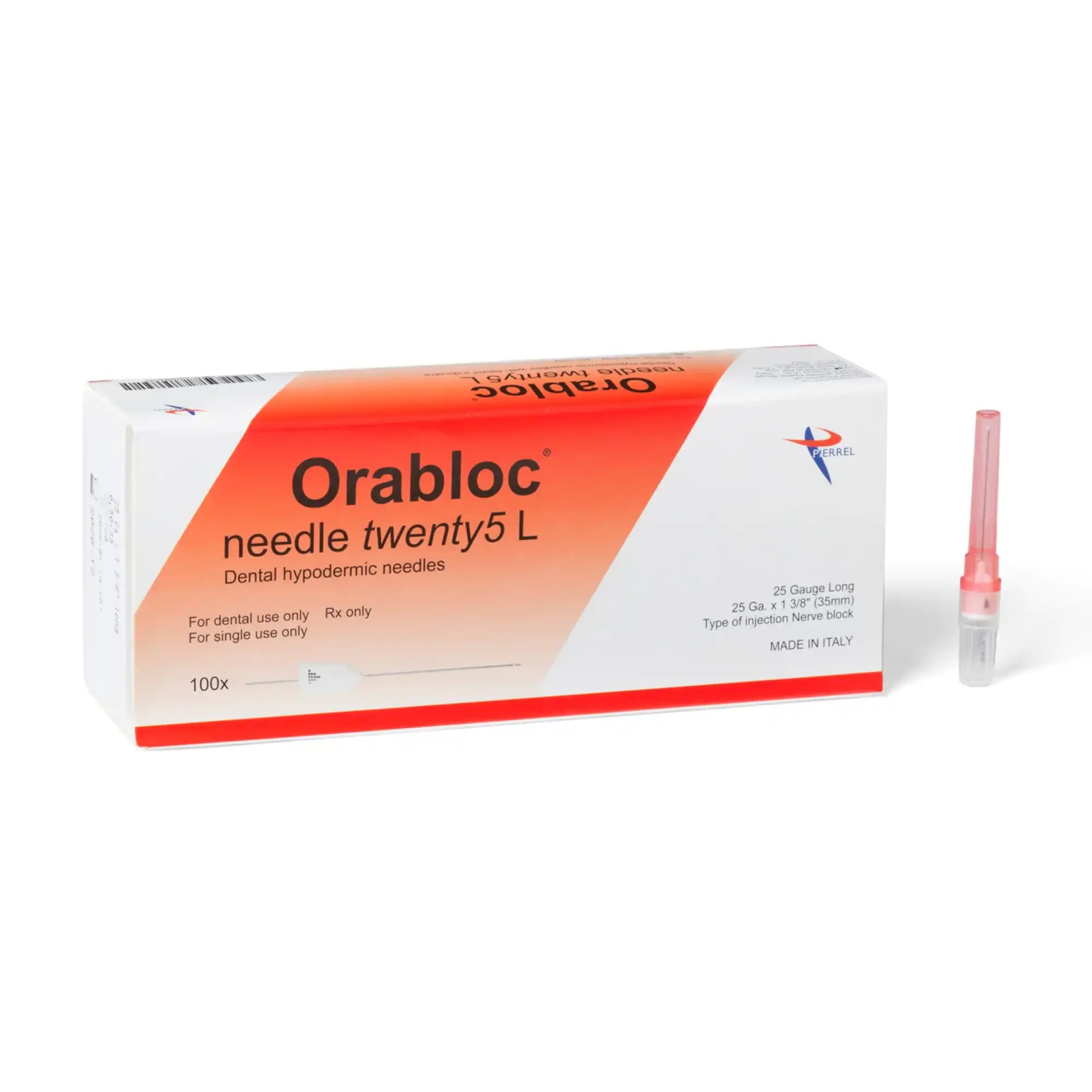 Orabloc Plastic Hub Dental Needles, 25G Long (0.50mm x 35mm), Red, 100/Box, 102505036