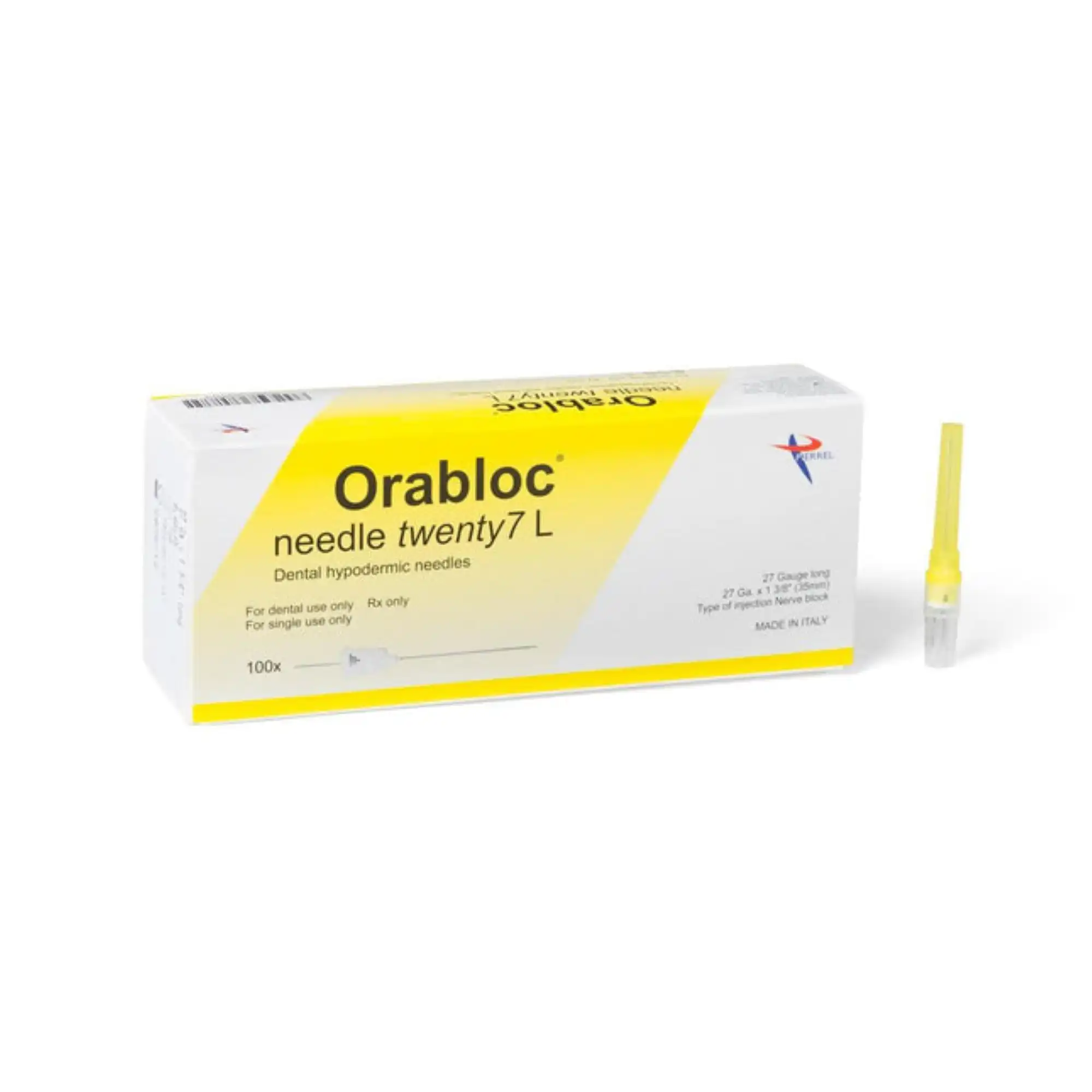 Orabloc Plastic Hub Dental Needles, 27G Long (0.40mm x 35mm), Yellow, 100/Box, 102704036