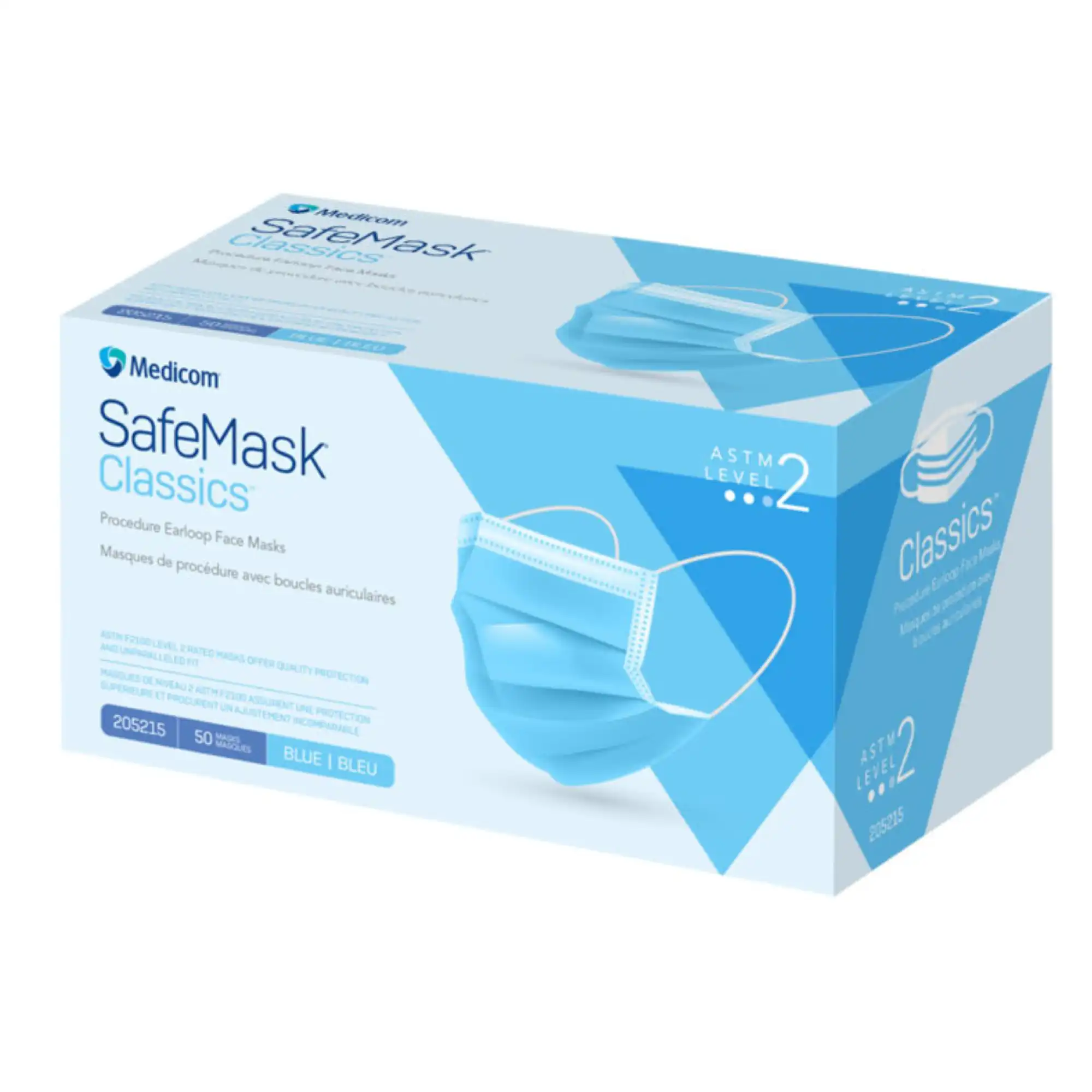 SafeMask Classics Procedure Face Mask, ASTM Level 2, Ear Loop, Blue, 50/Box, 205215