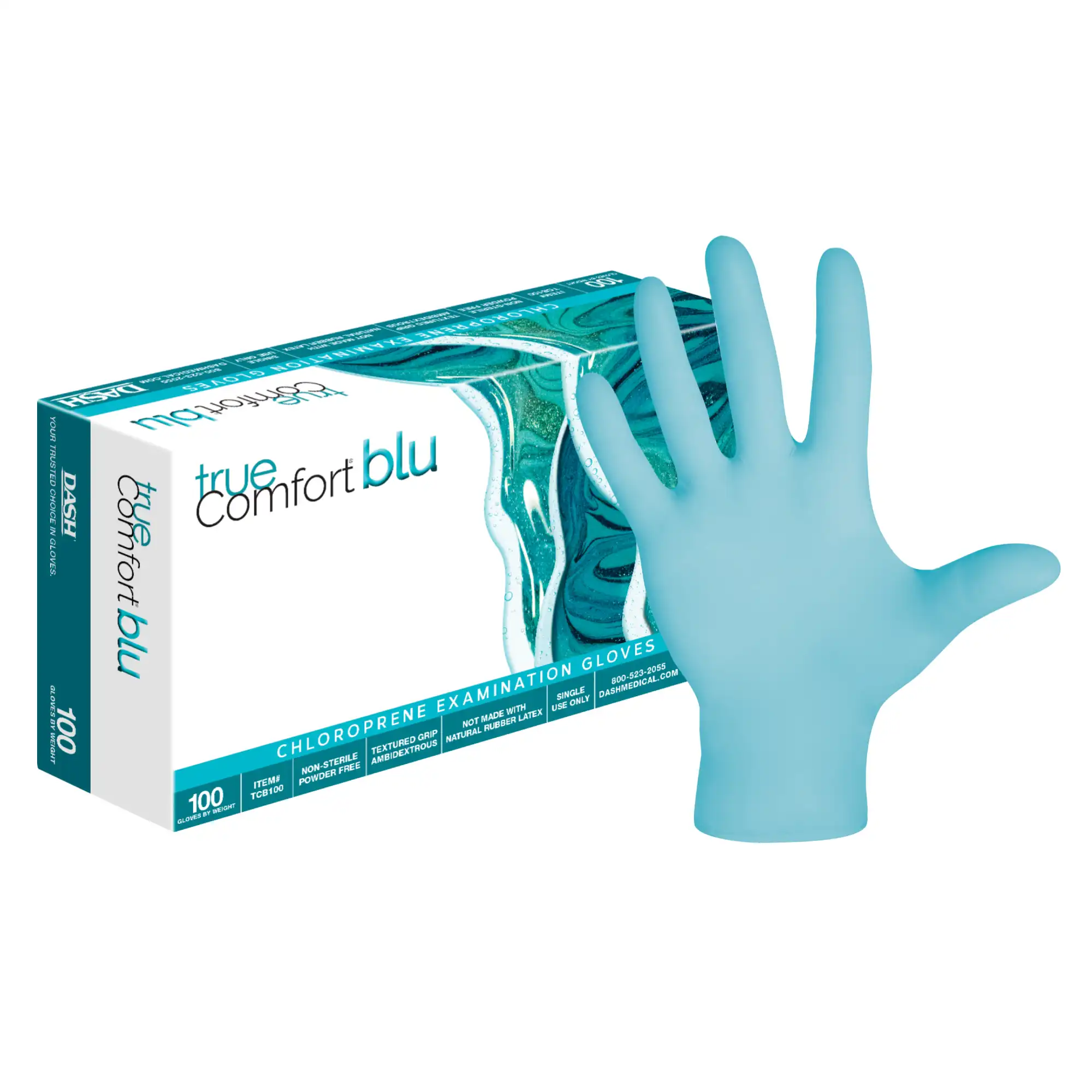 True Comfort Blu Polychloroprene Exam Gloves, Powder-Free, Non-Sterile, Medium, Ocean Blue, 100/Box, TCB100M