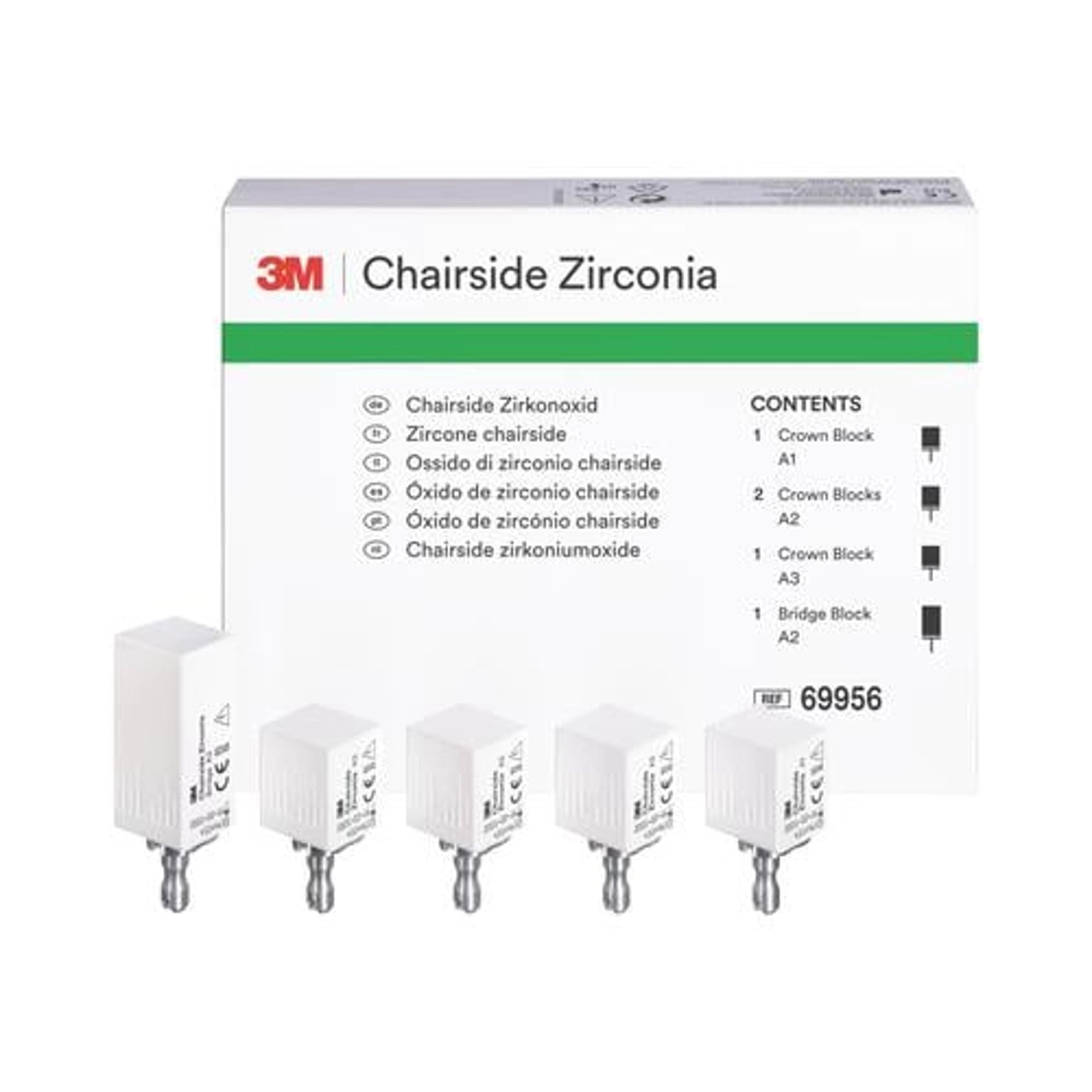 3M (Solventum) Chairside Zirconia Intro Kit for CEREC, 5 Blocks (4 Crown Blocks: 1xA1, 2xA2, 1xA3; 1 Bridge Block: A2), 20mm & 39mm, 69956