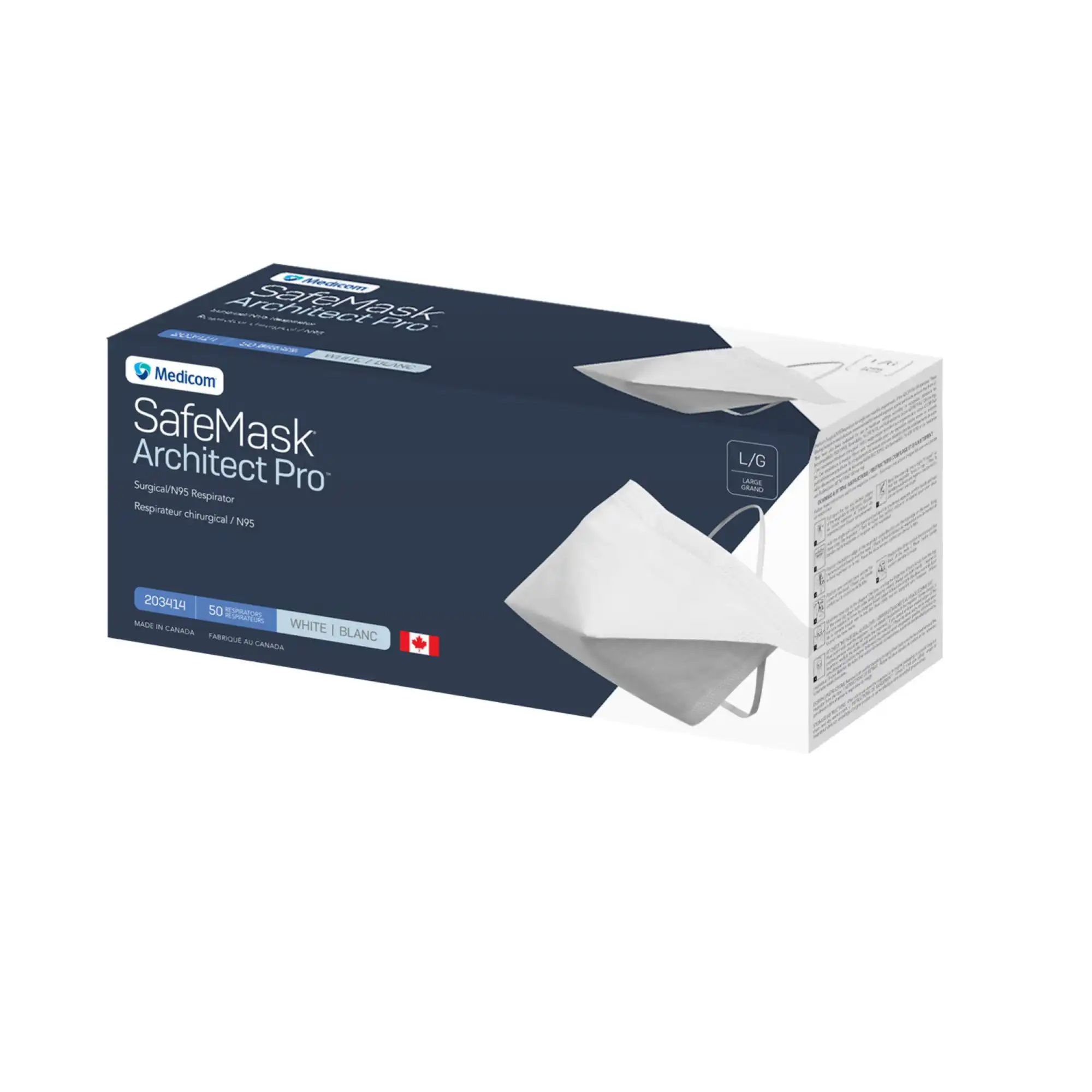 Medicom SafeMask Architect Pro N95 Surgical Respirator, Large, White, 50/Box, 203414