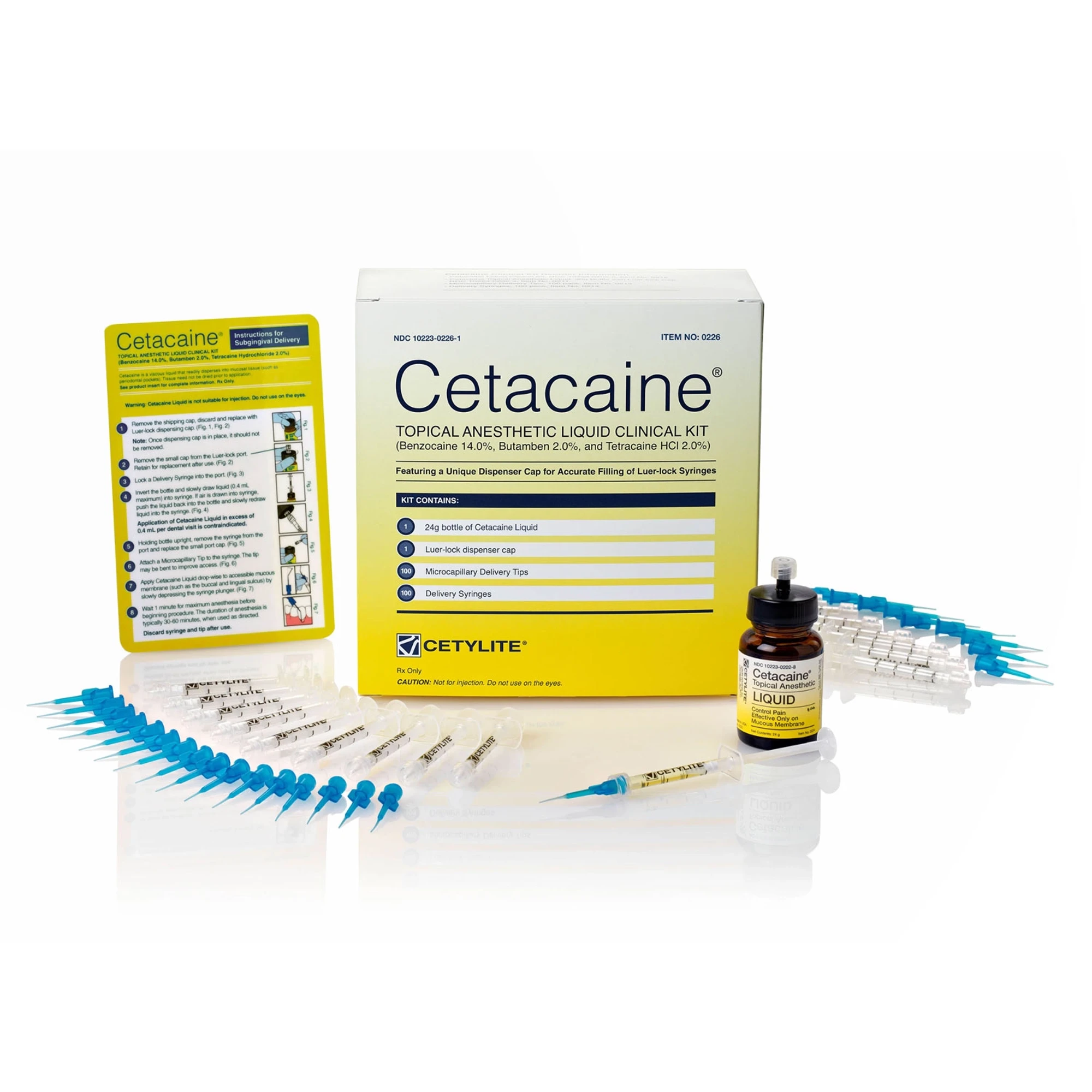Cetacaine Topical Anesthetic Clinical Kit, 24g Liquid, 100 Luer-Lock Syringes & 100 Microcapillary Tips, Cetylite #0226