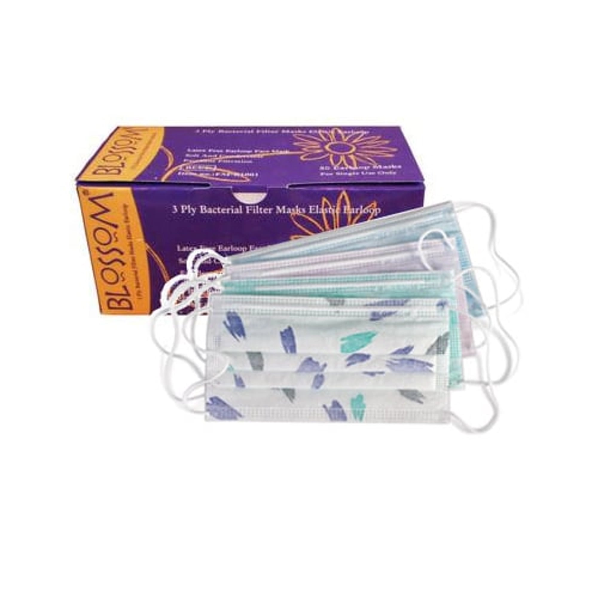 Blossom 3-Ply Earloop Face Masks, ASTM Level 2, Latex-Free, Multicolor, 50/Box