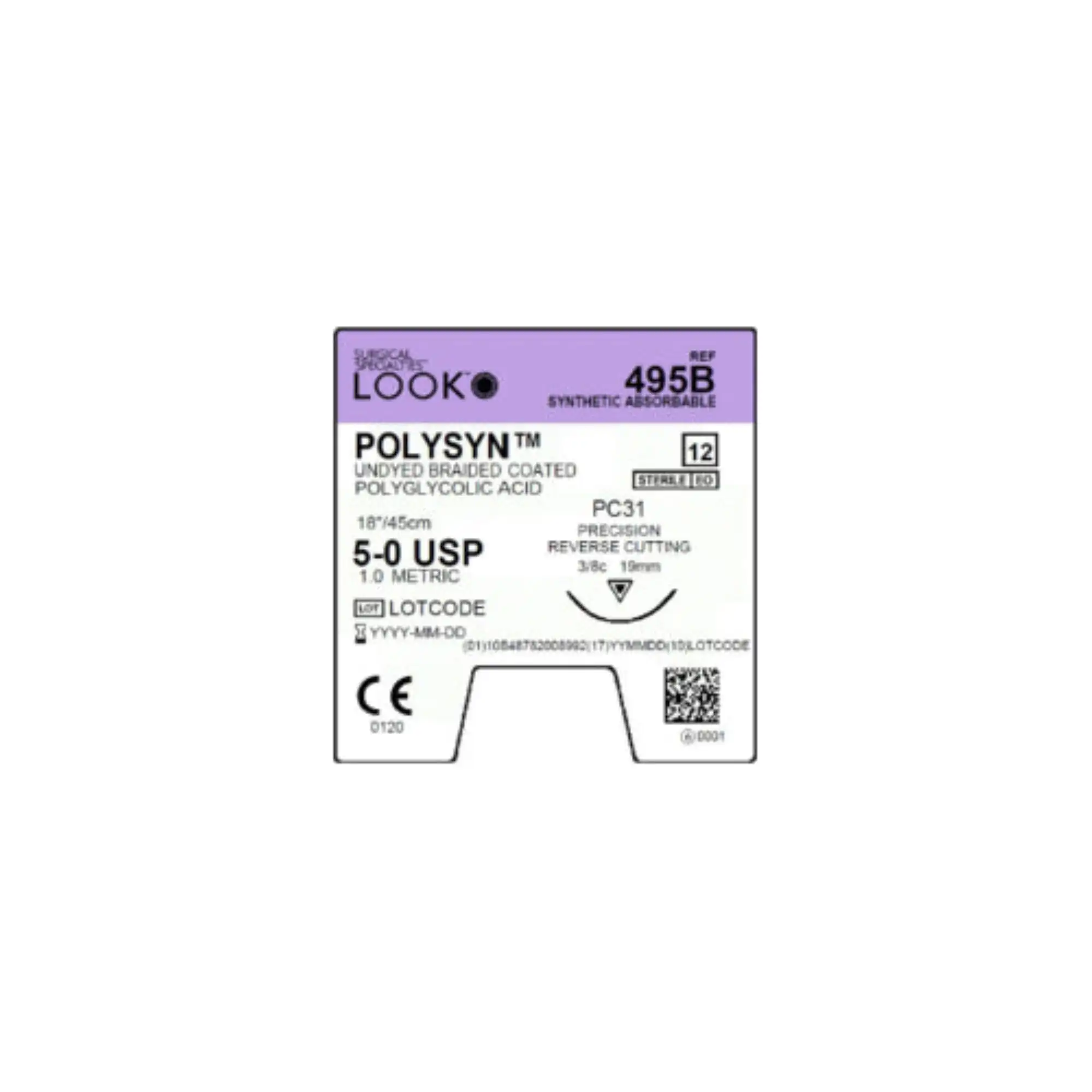 Look PolySyn Sutures, 5-0, Undyed, 18", PC31, 3/8 Circle Precision Reverse Cutting 19mm, 12/Bx