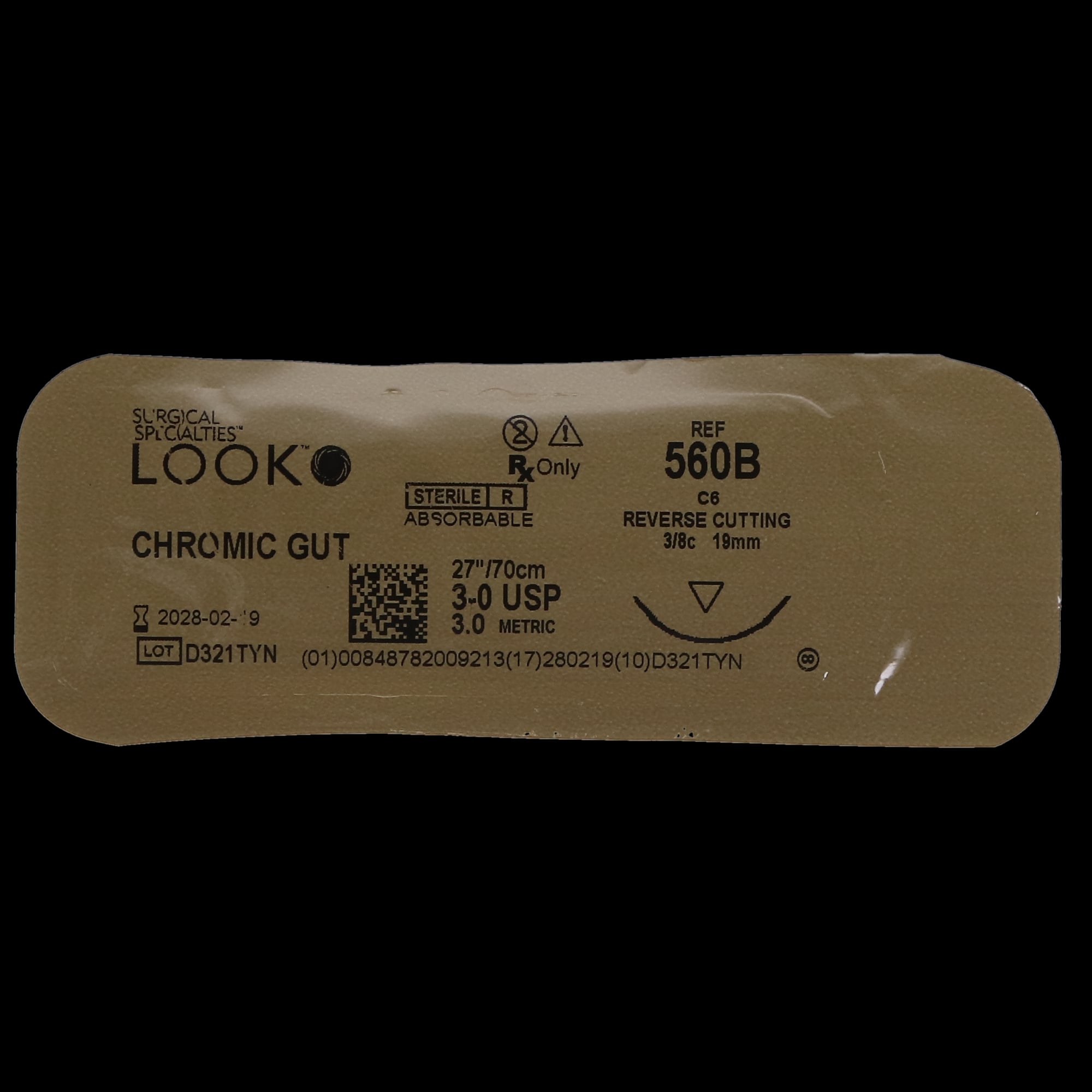 Look Sutures Chromic Gut, 3-0, 27", C6, 3/8 Circle Reverse Cutting, 12/Bx