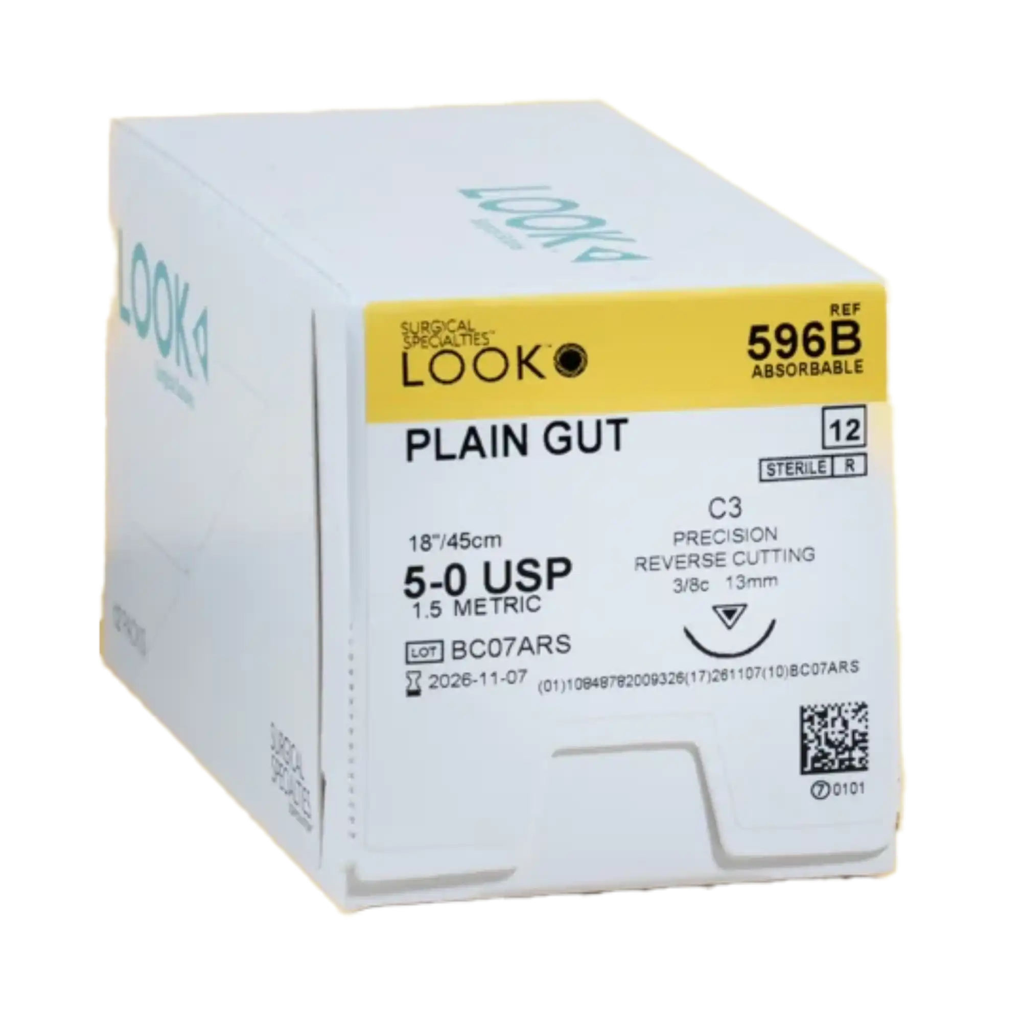 Look Plain Gut Sutures, 5-0, 18", C3 3/8 Circle Precision Reverse Cutting 13mm