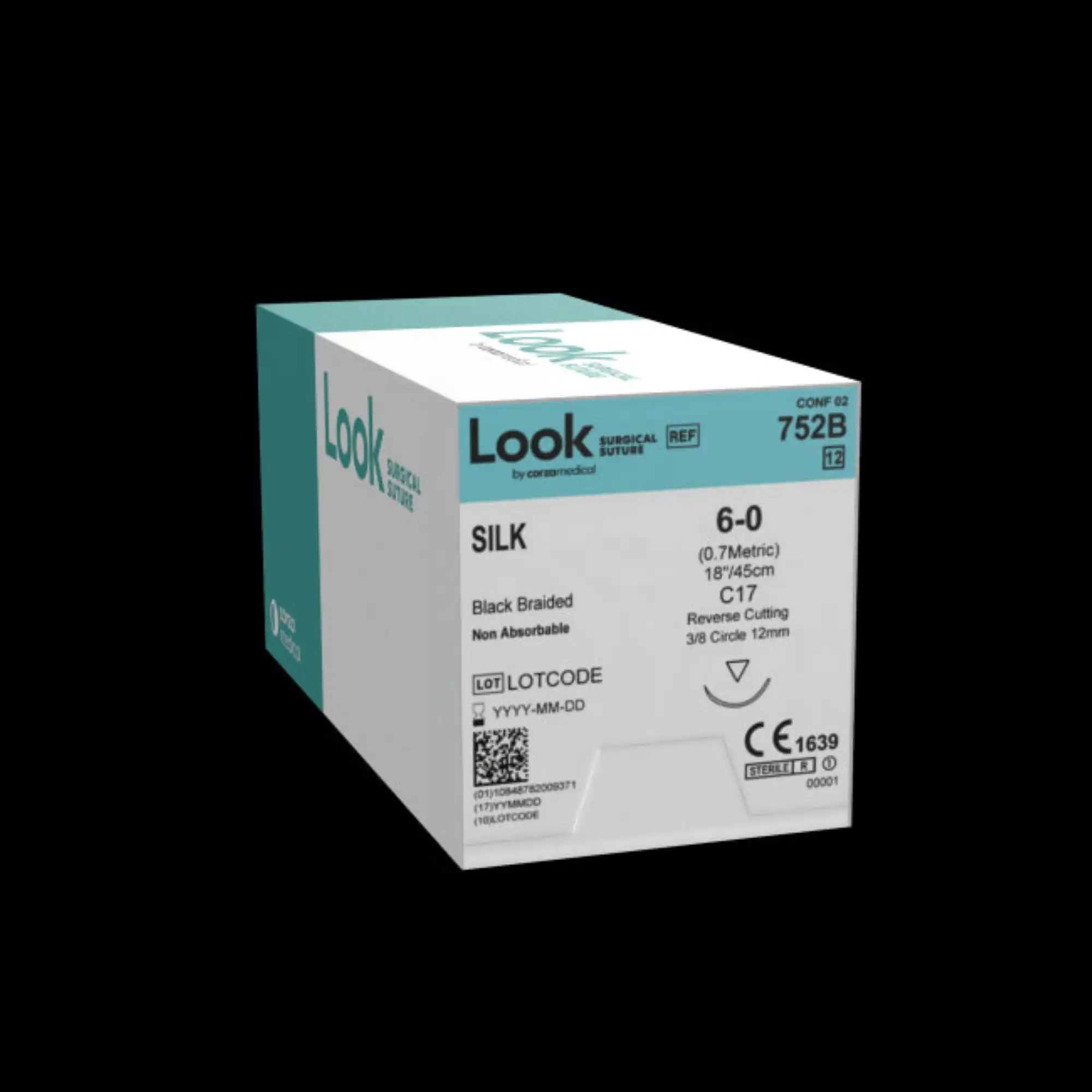 Look Silk Non-Absorbable Surgical Suture, 6-0, Black, 18", C17 12mm 3/8 Circle Reverse Cutting Needle