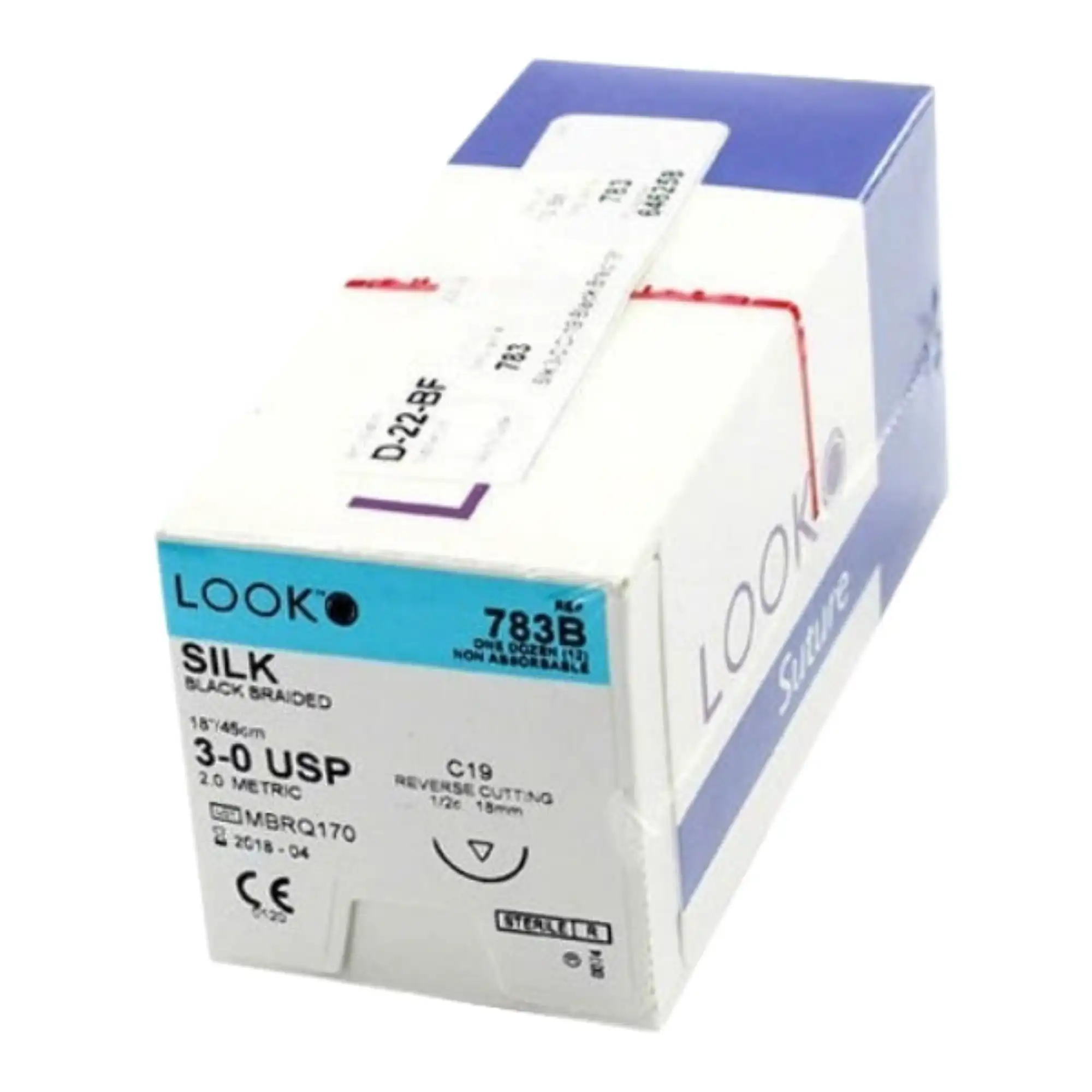 Look Silk Non-Absorbable Braided Suture, 3-0, Black, 18" (45 cm), C19 1/2 Circle Reverse Cutting 18mm Needle